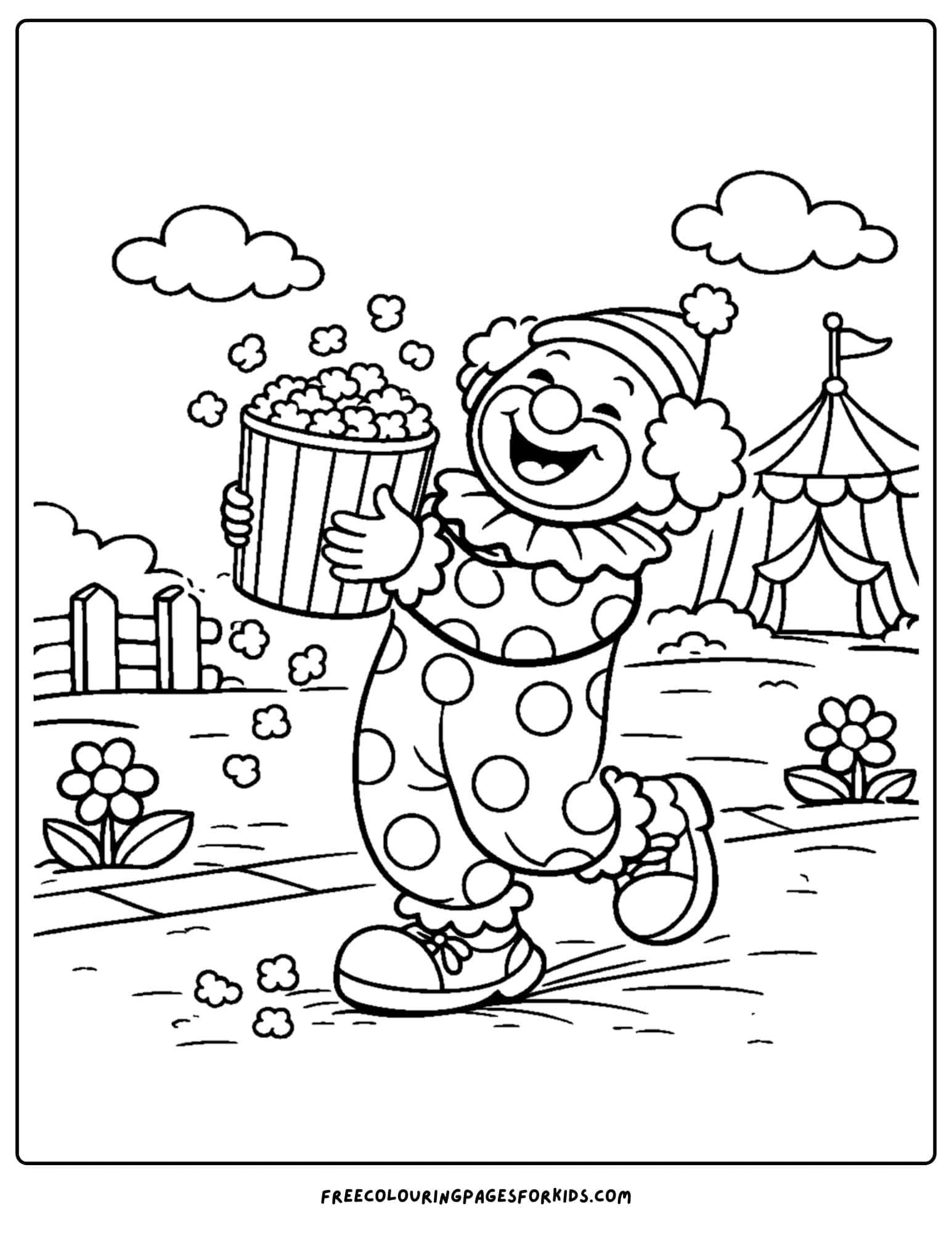 a coloring page of a clown holding a big tub of popcorn and spilling some