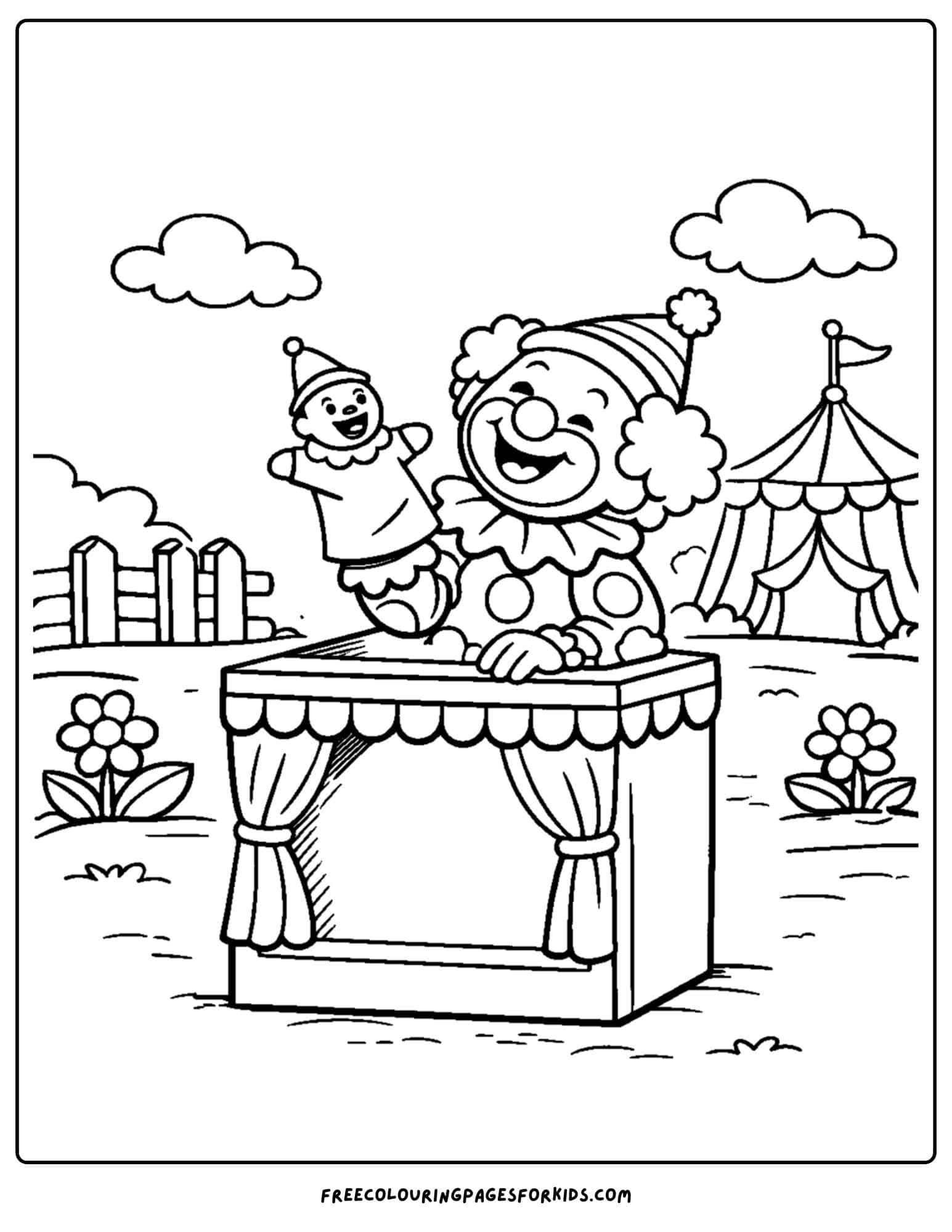 a coloring page of a clown setting up for a puppet show