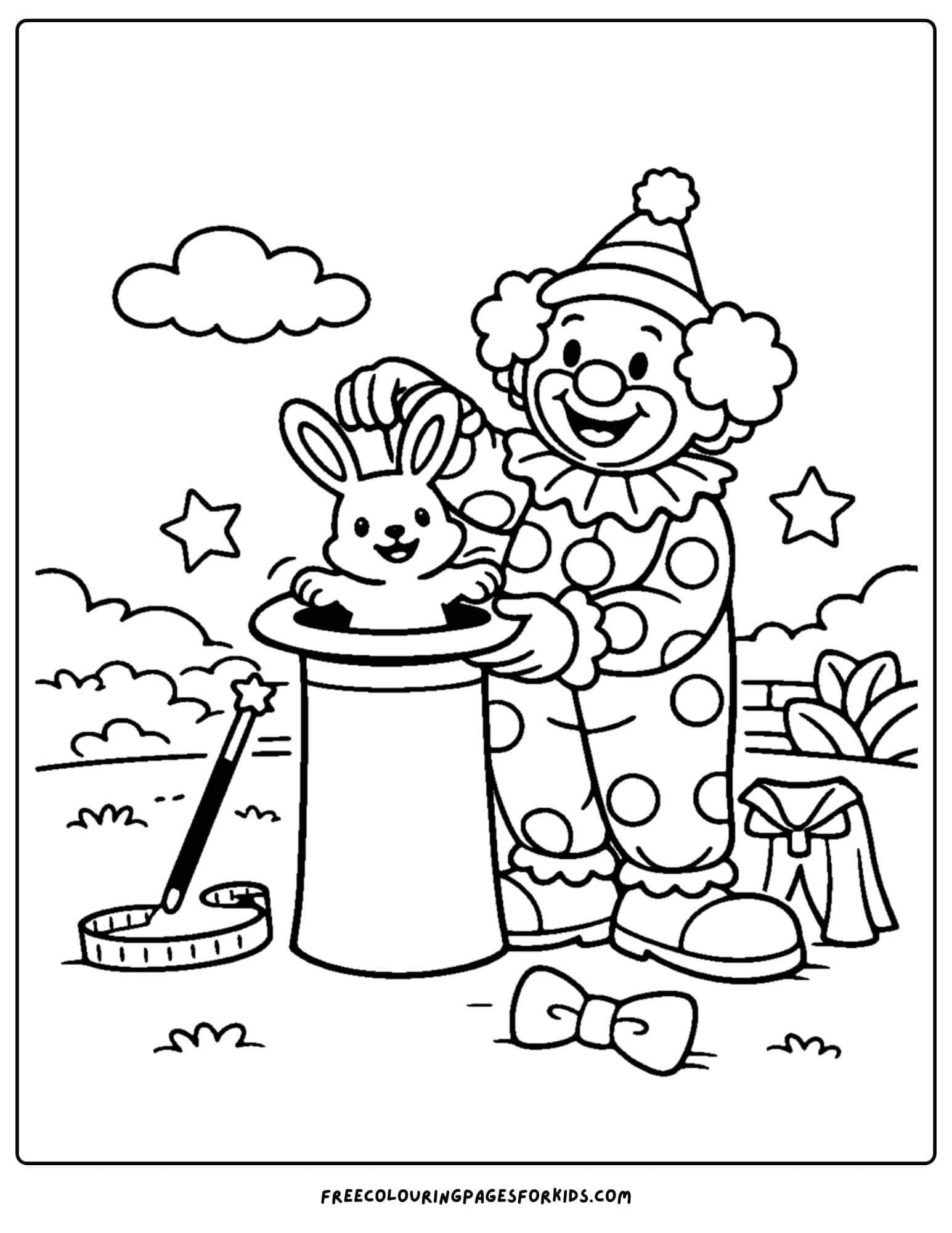 a coloring page of a clown doing a magic trick pulling a rabbit from a hat