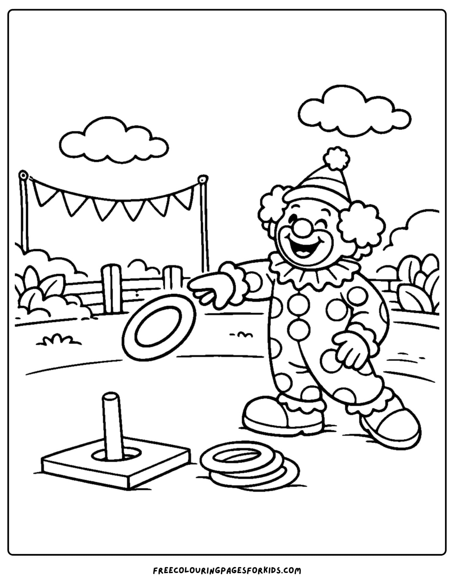 a coloring page of a clown playing a ring toss game