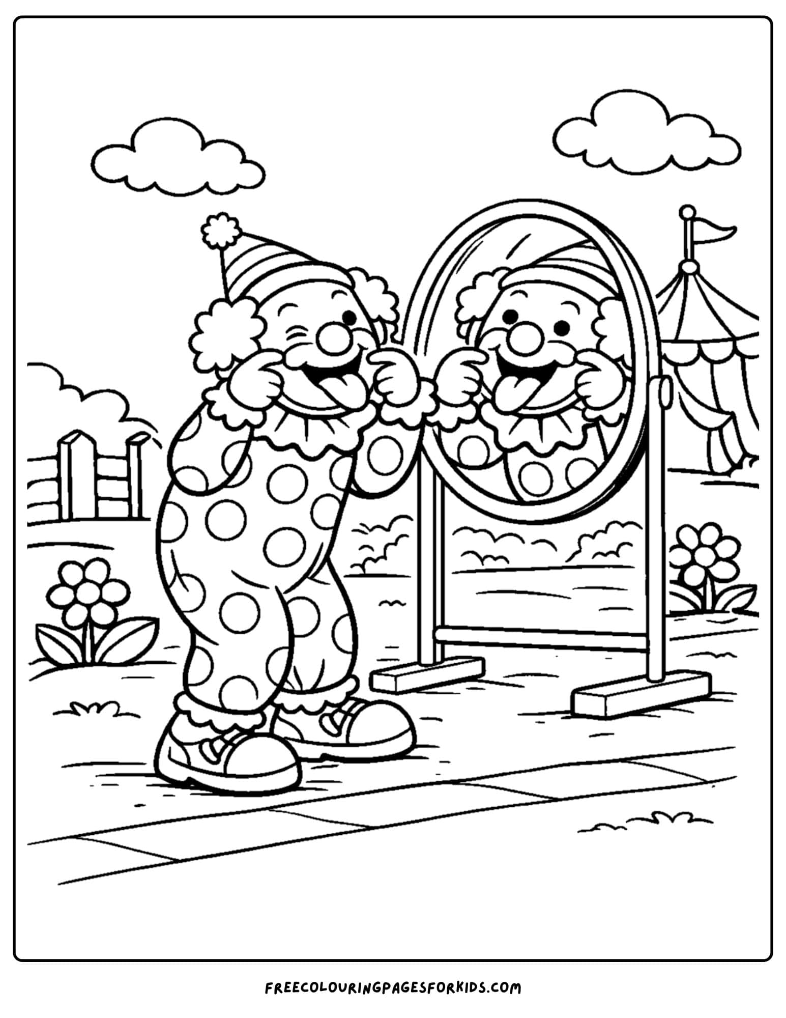 a coloring page of a clown making silly faces in a mirror