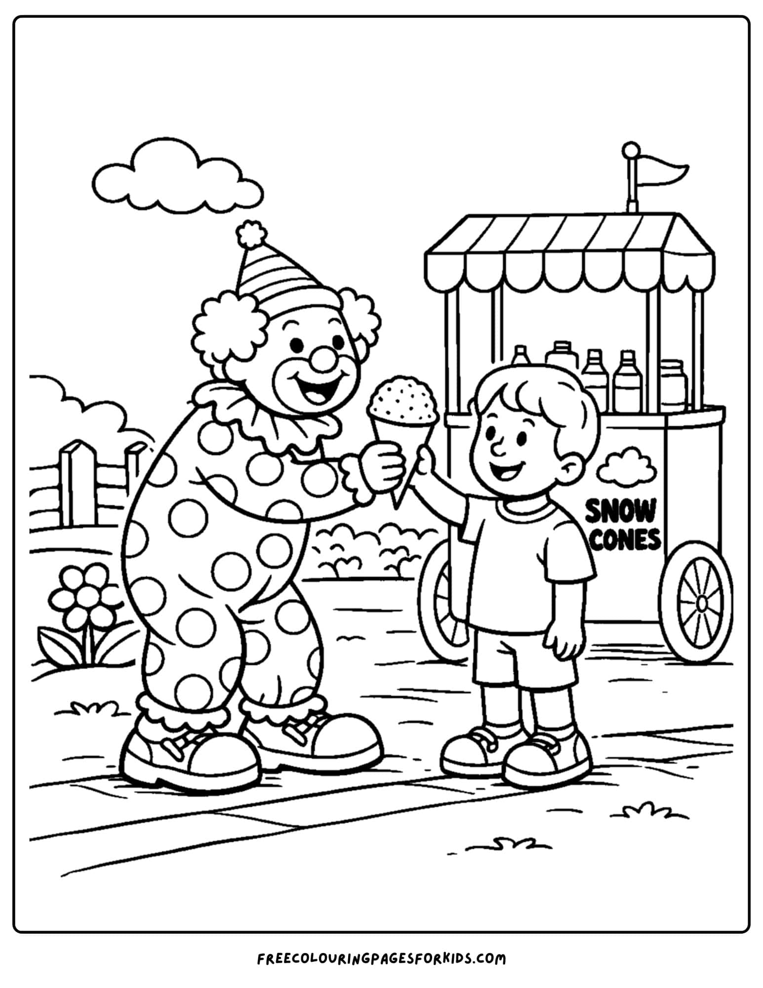 a coloring page of a clown giving a child an ice cream