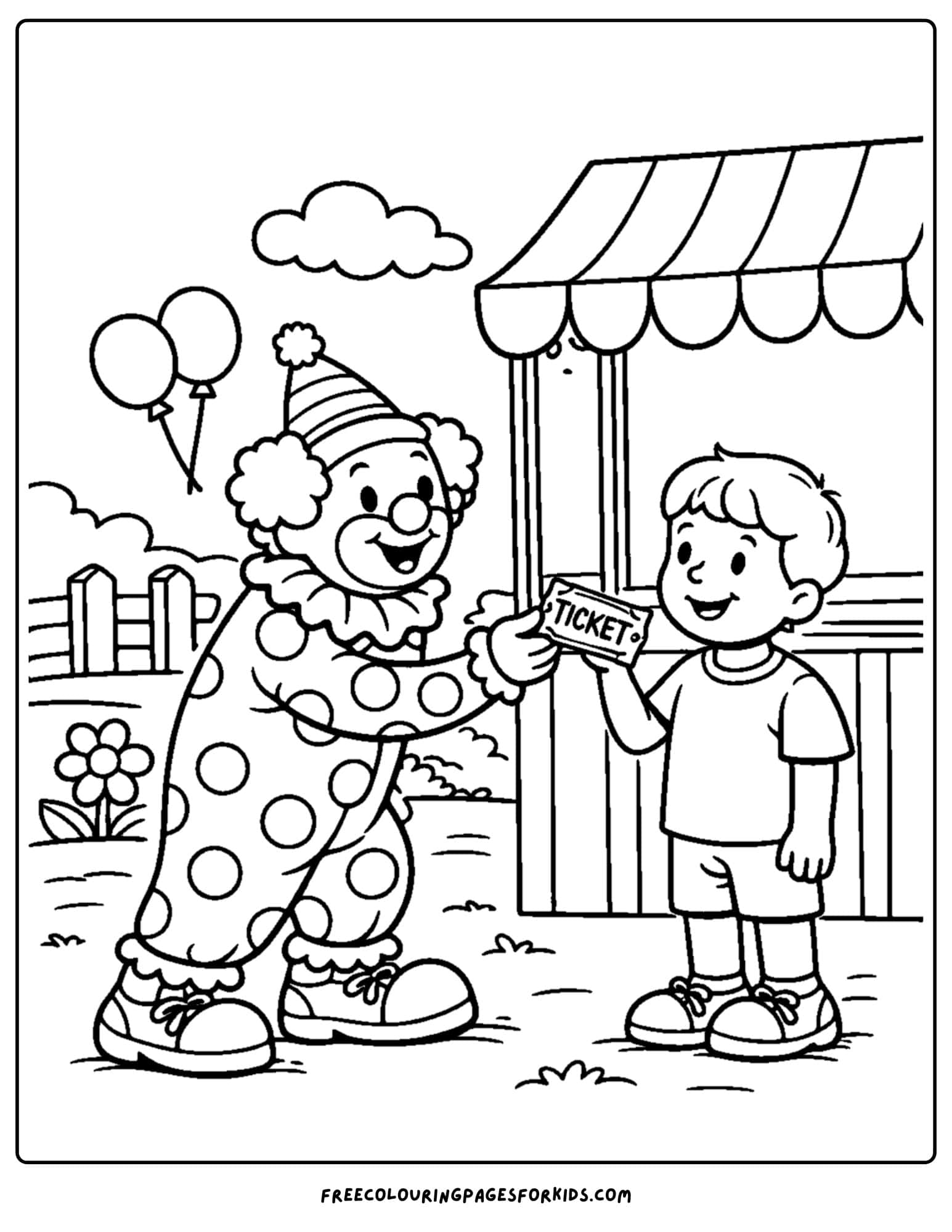 a coloring page of a clown handing a child a ticket to the circus show