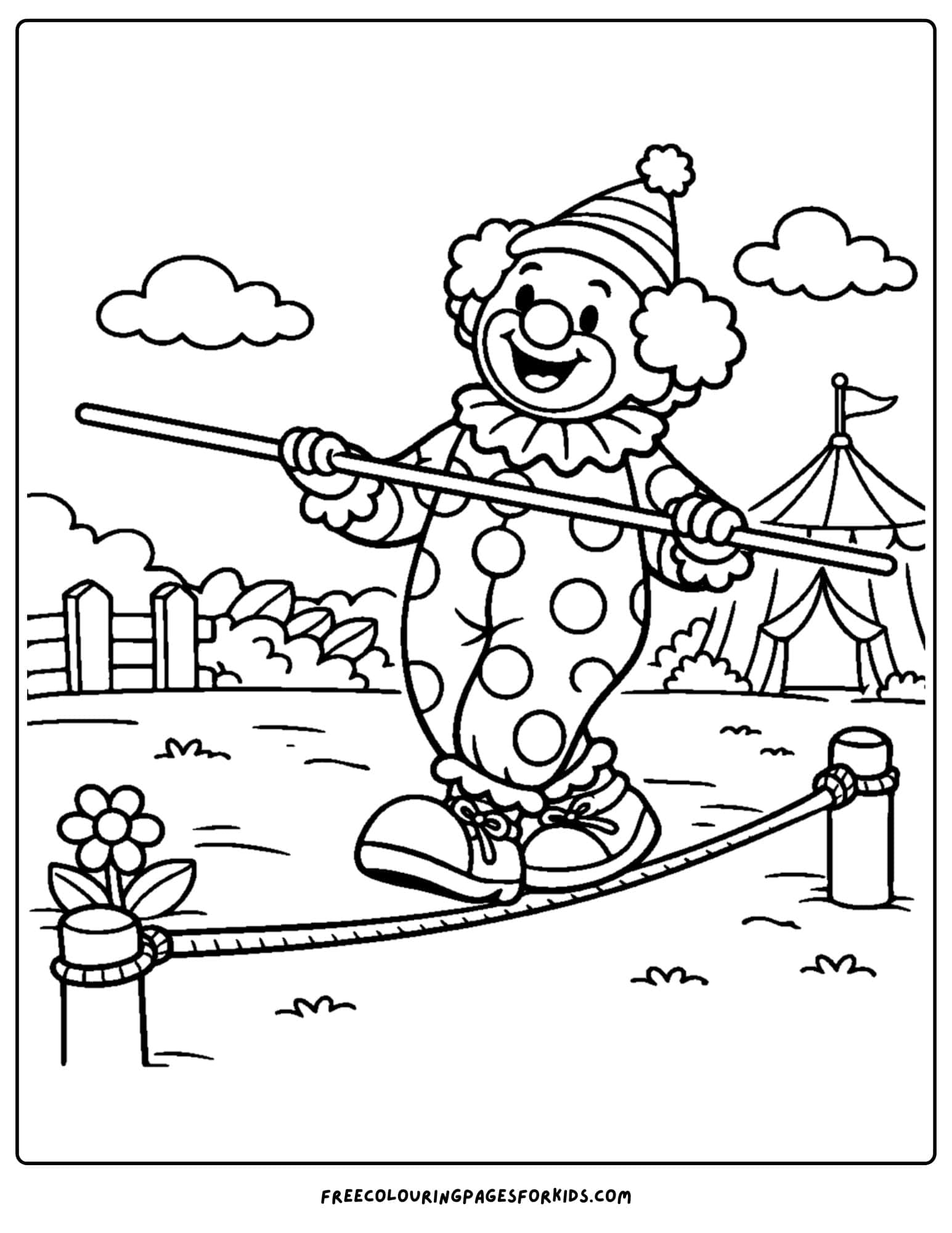a coloring page of a clown balancing on a tightrope holding a balance pole
