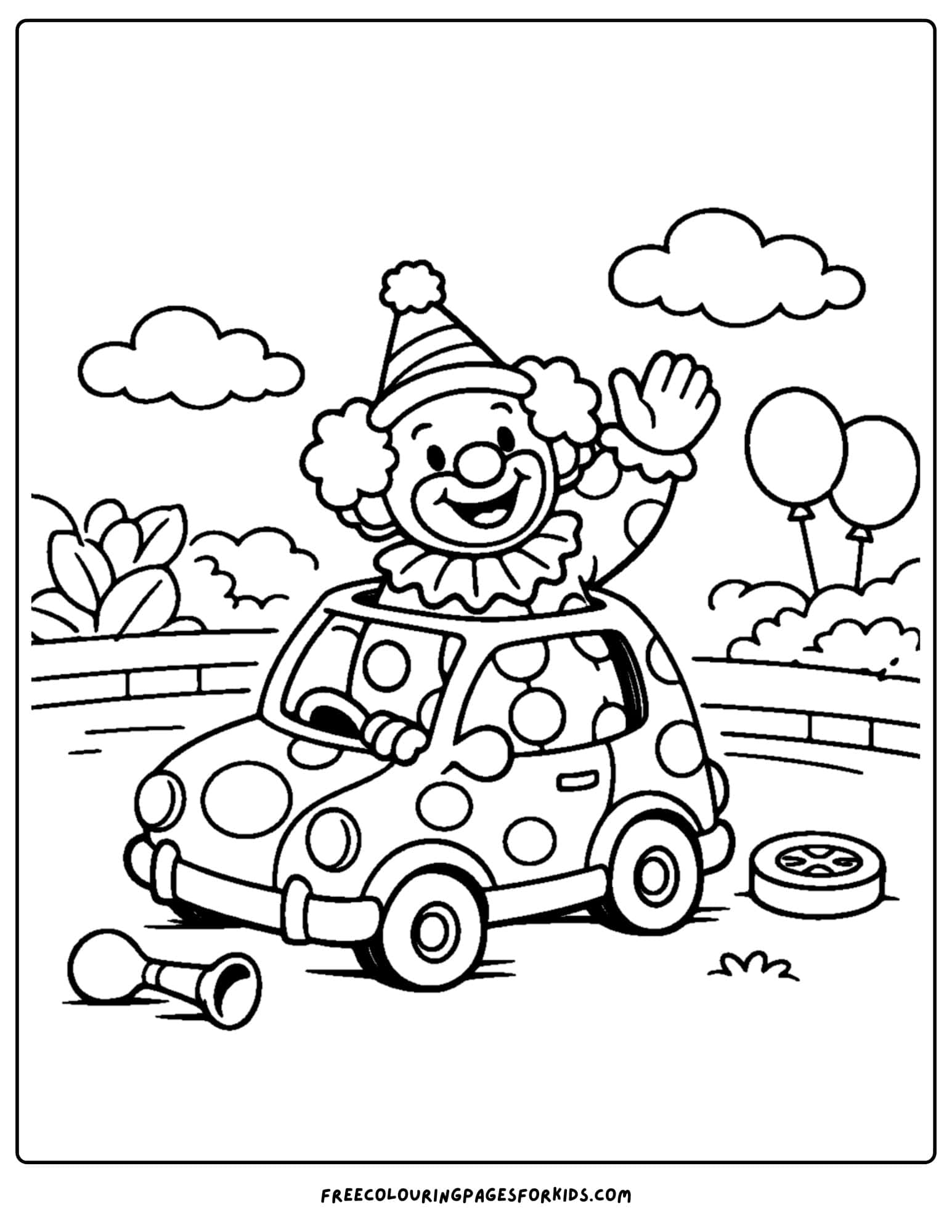 a coloring page of a clown driving around in a tiny car