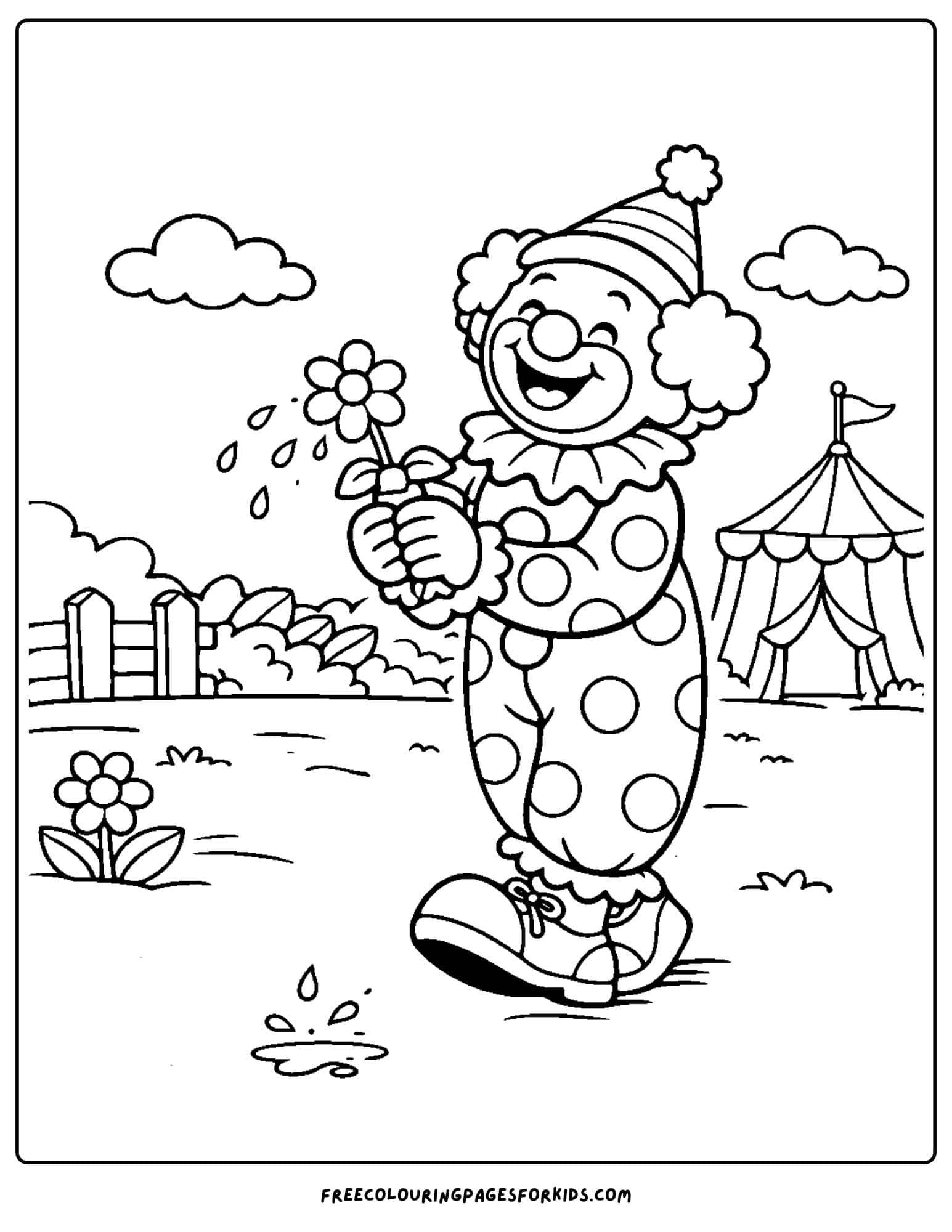 a coloring page of a clown holding a trick flower that shoots out water