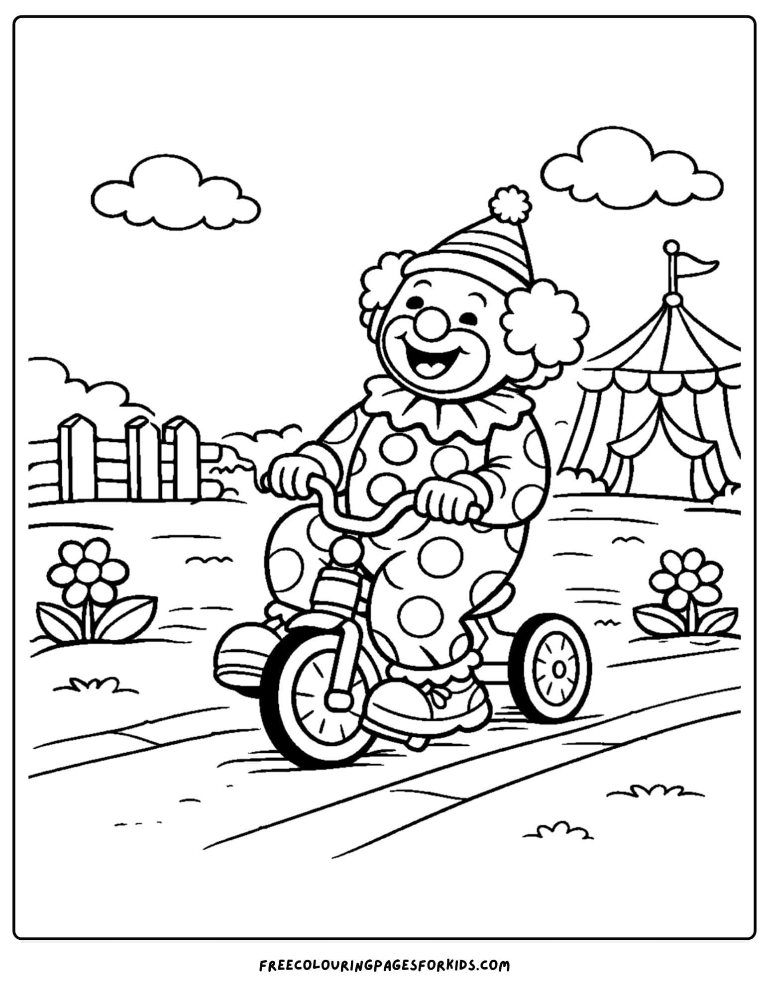 a coloring page of a clown riding a tricycle