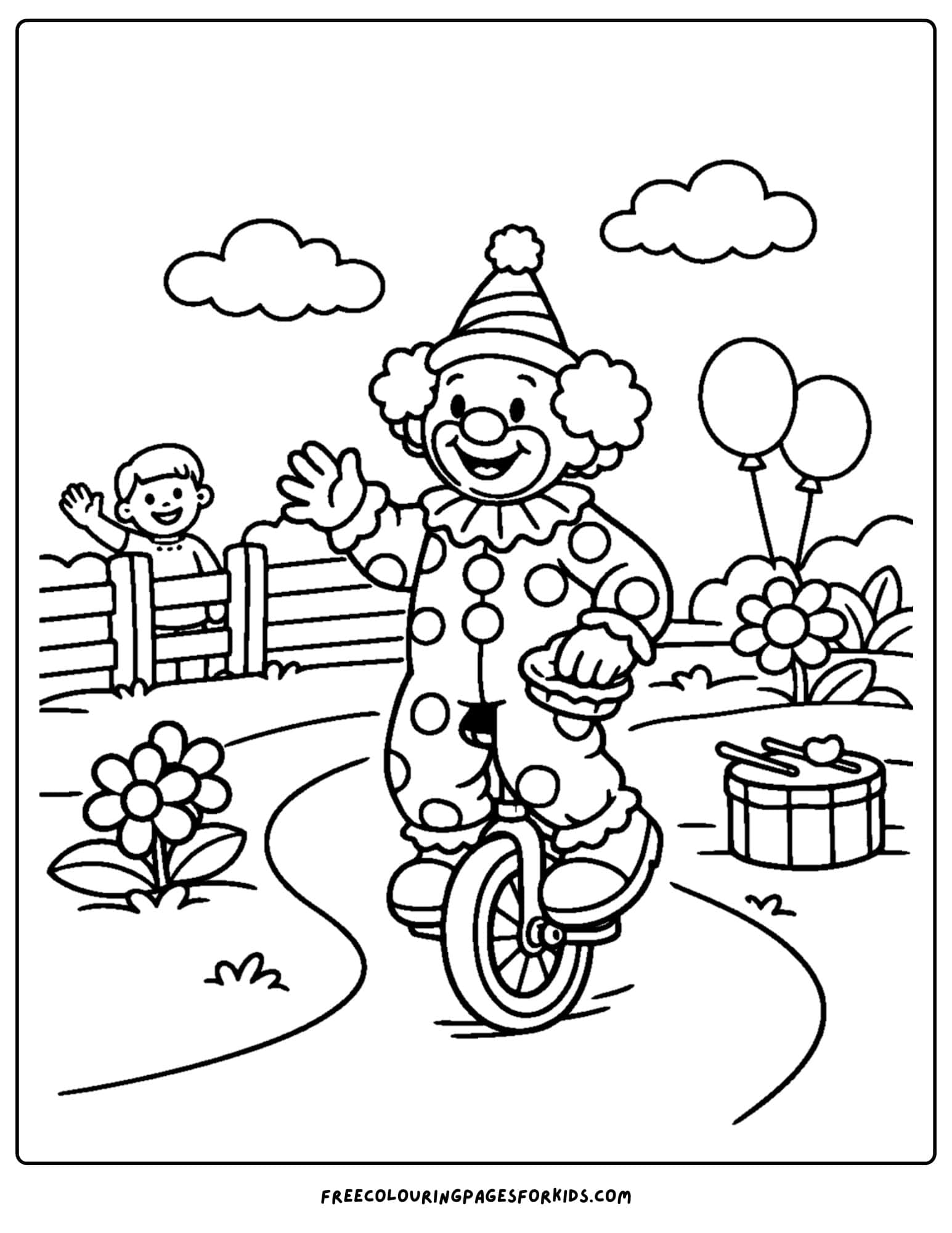a coloring page of a clown riding a unicycle