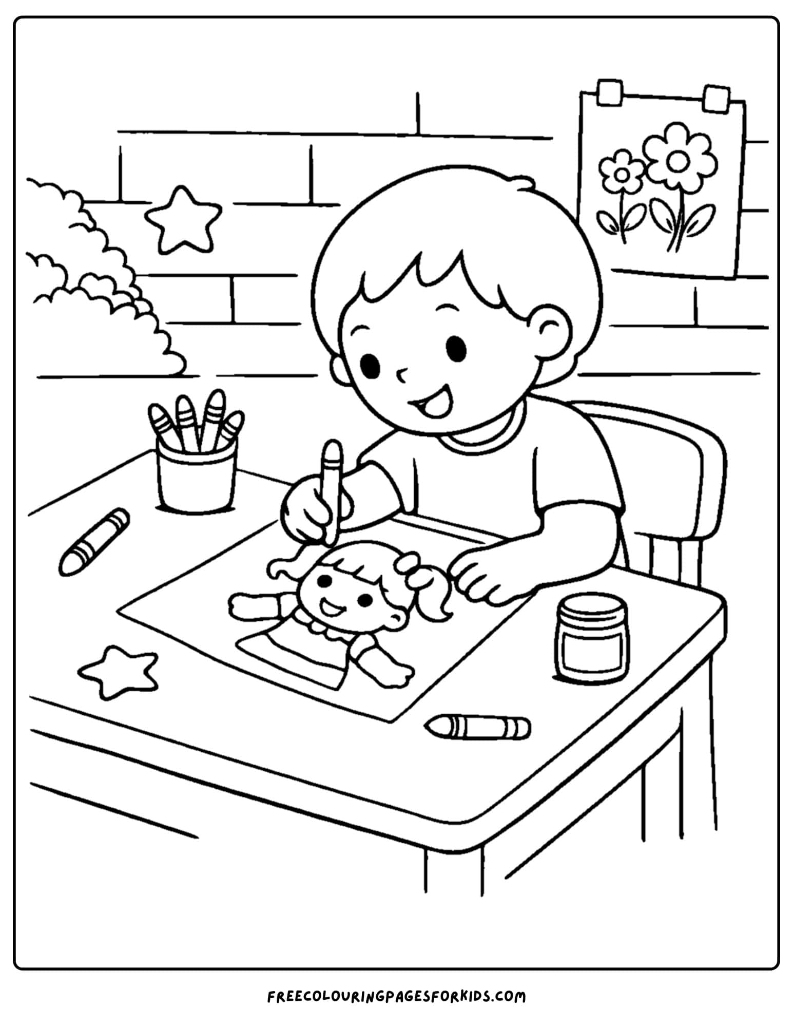 a doll coloring page showing a child drawing a picture of a doll