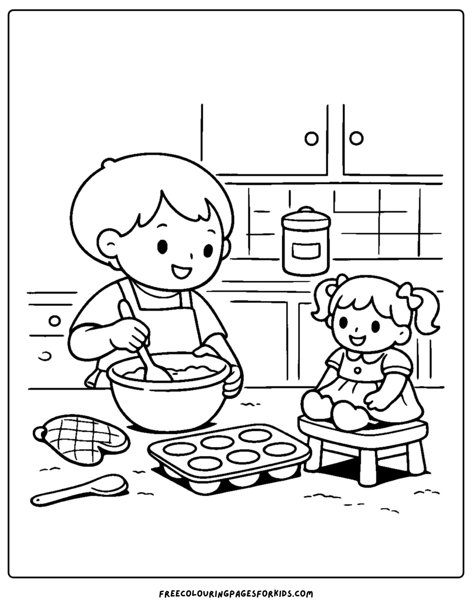 a doll coloring page showing a child baking with their doll