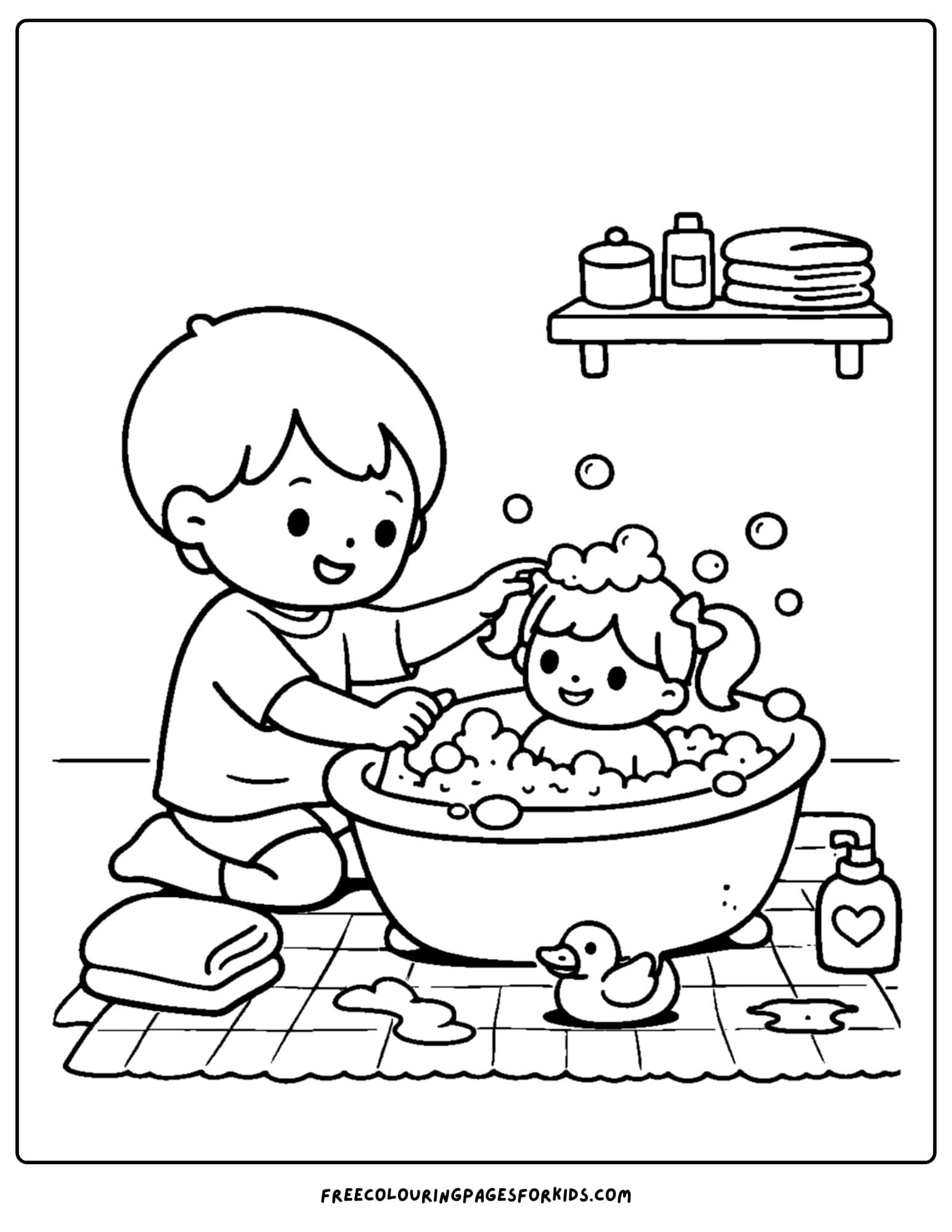 a doll coloring page showing a child giving their doll a bubble bath