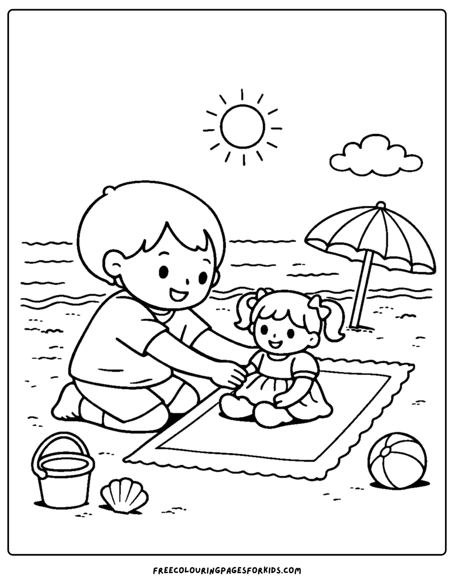 a doll coloring page showing a child having fun at the beach with their doll