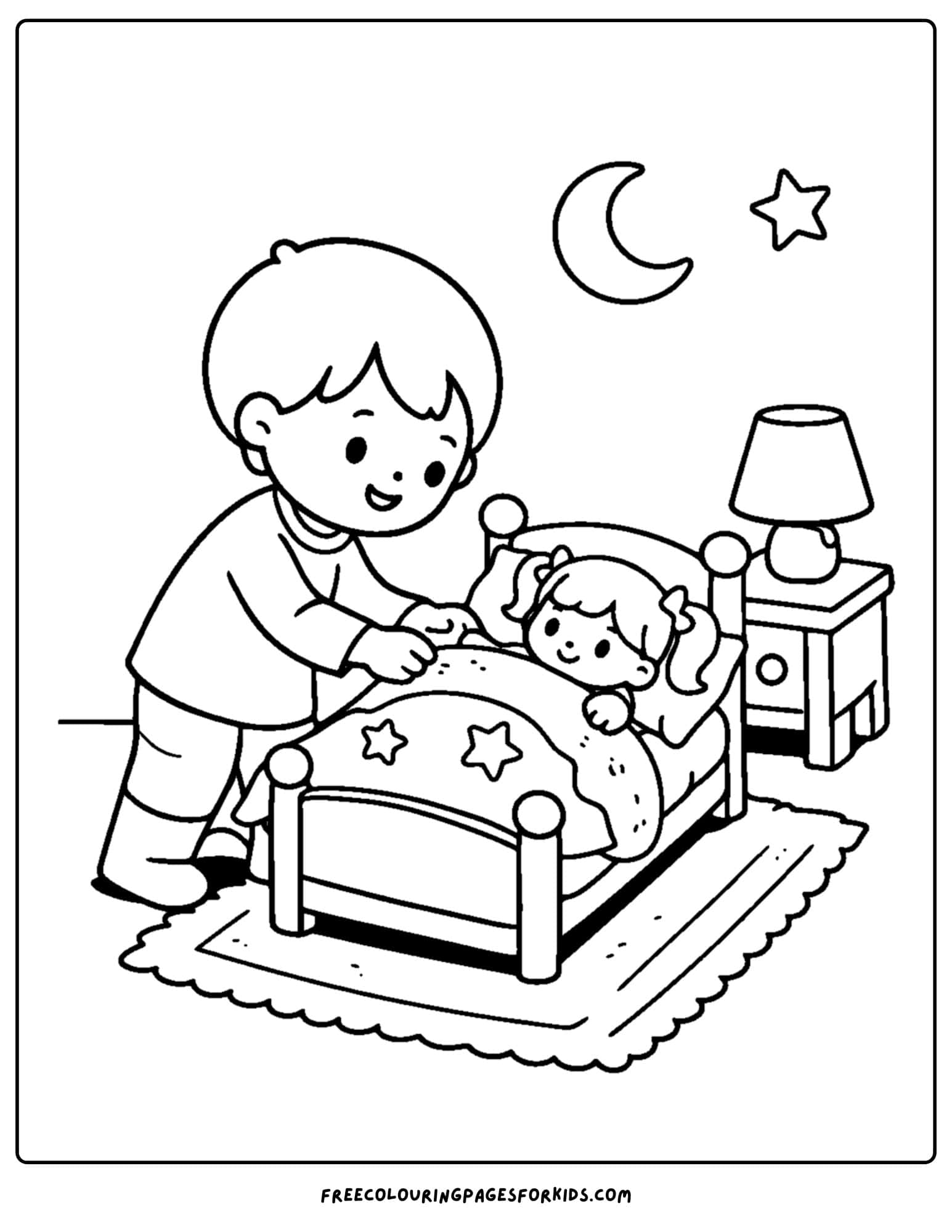 a doll coloring page showing a child tucking their doll into bed