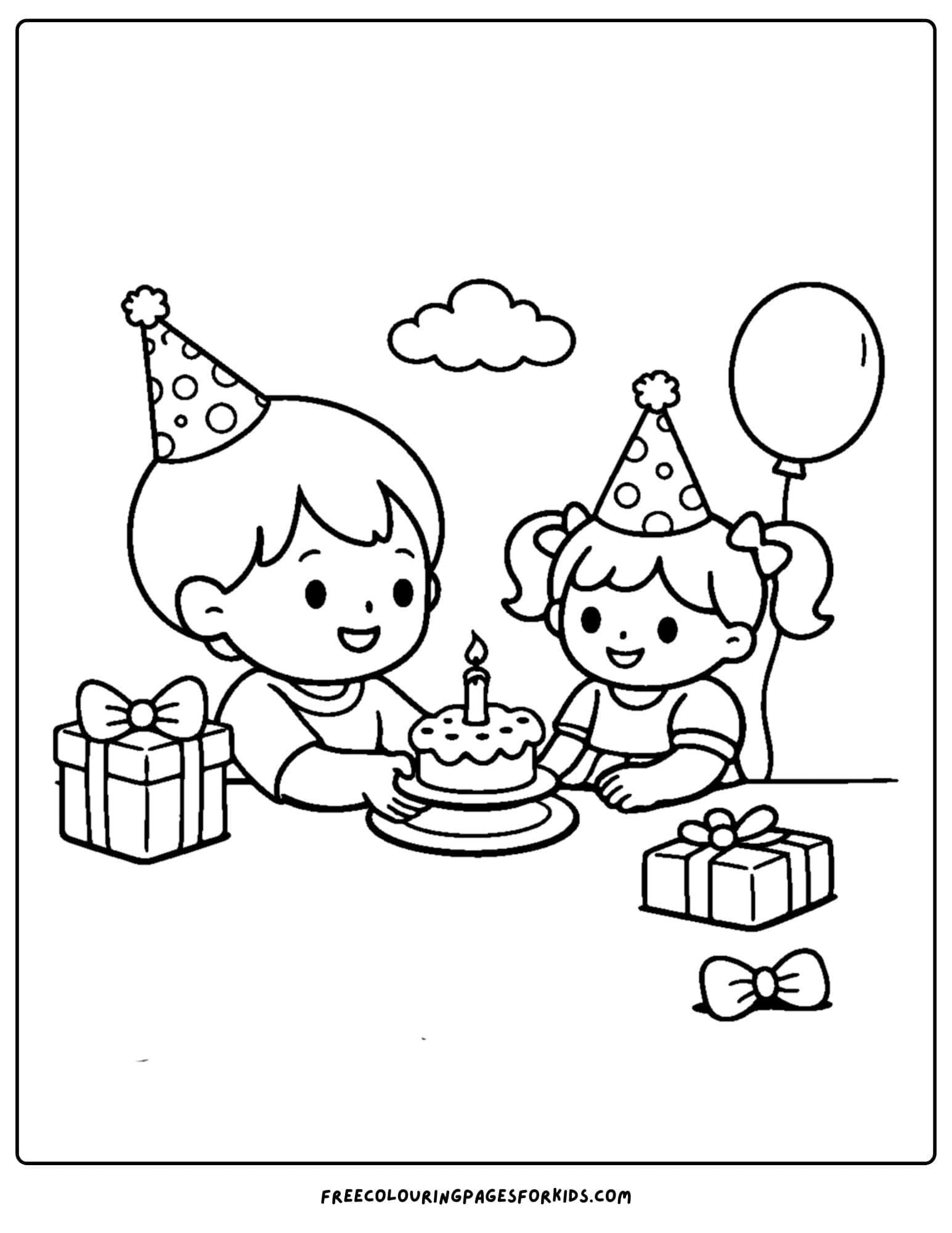 a doll coloring page showing a child celebrating a birthday with their doll