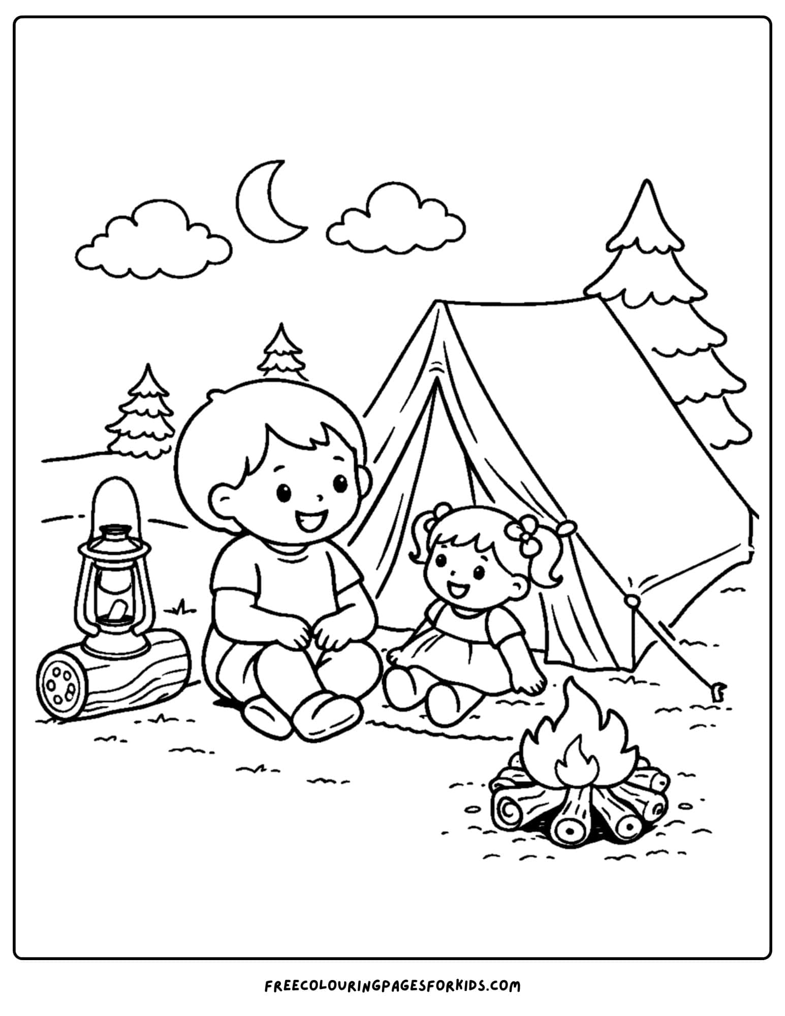 a doll coloring page showing a child camping with a doll