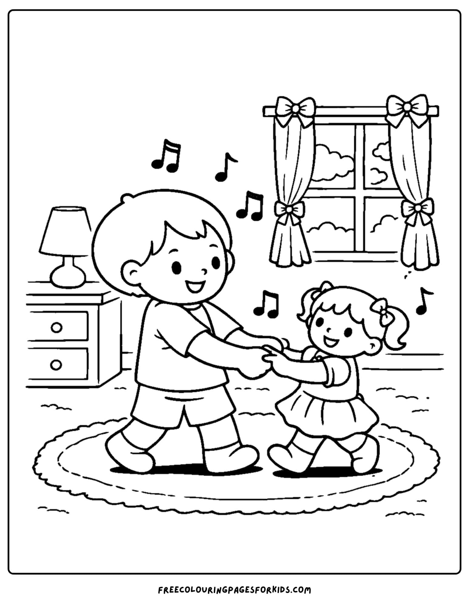 a doll coloring page showing a child dancing to music with a doll