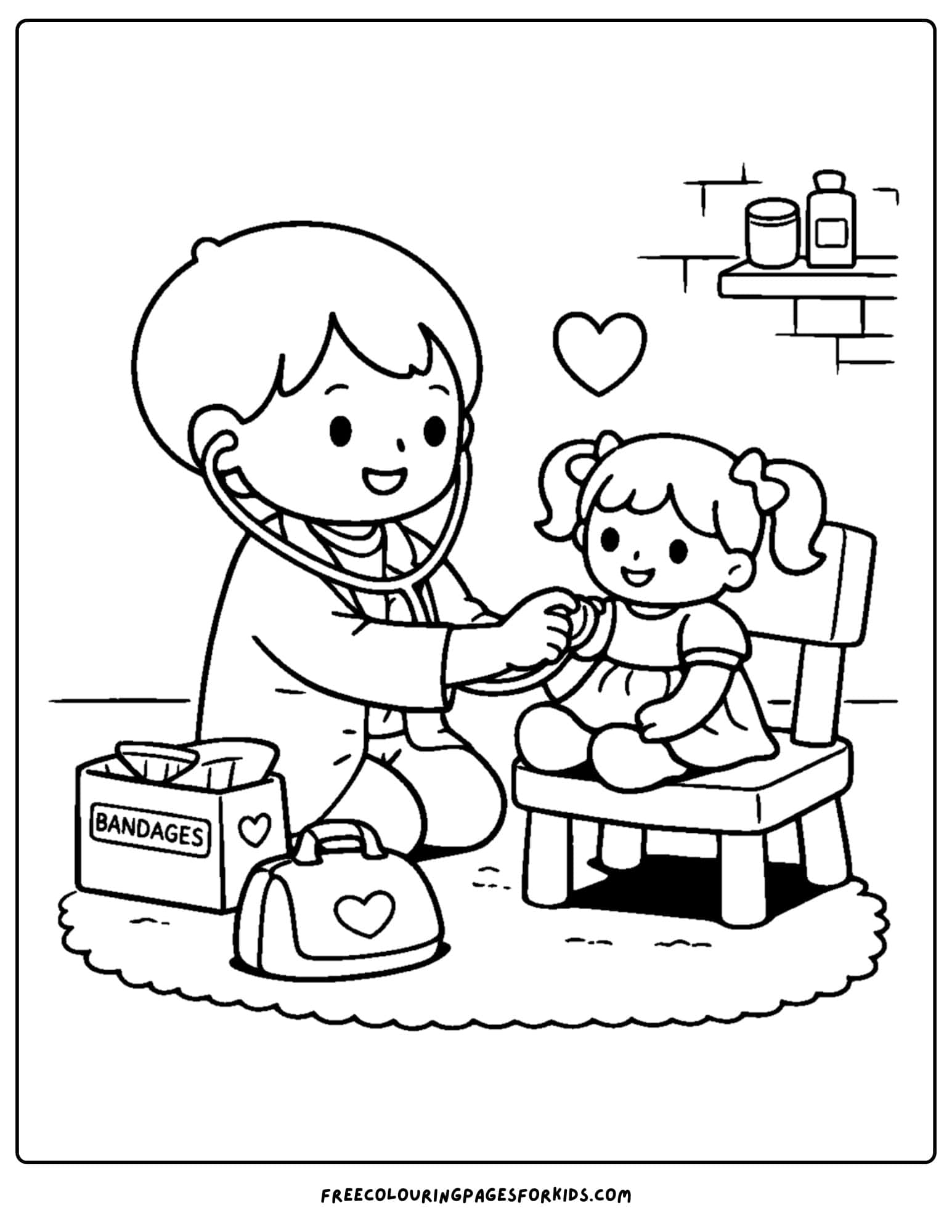 a doll coloring page showing a child playing doctor with a doll as the patient