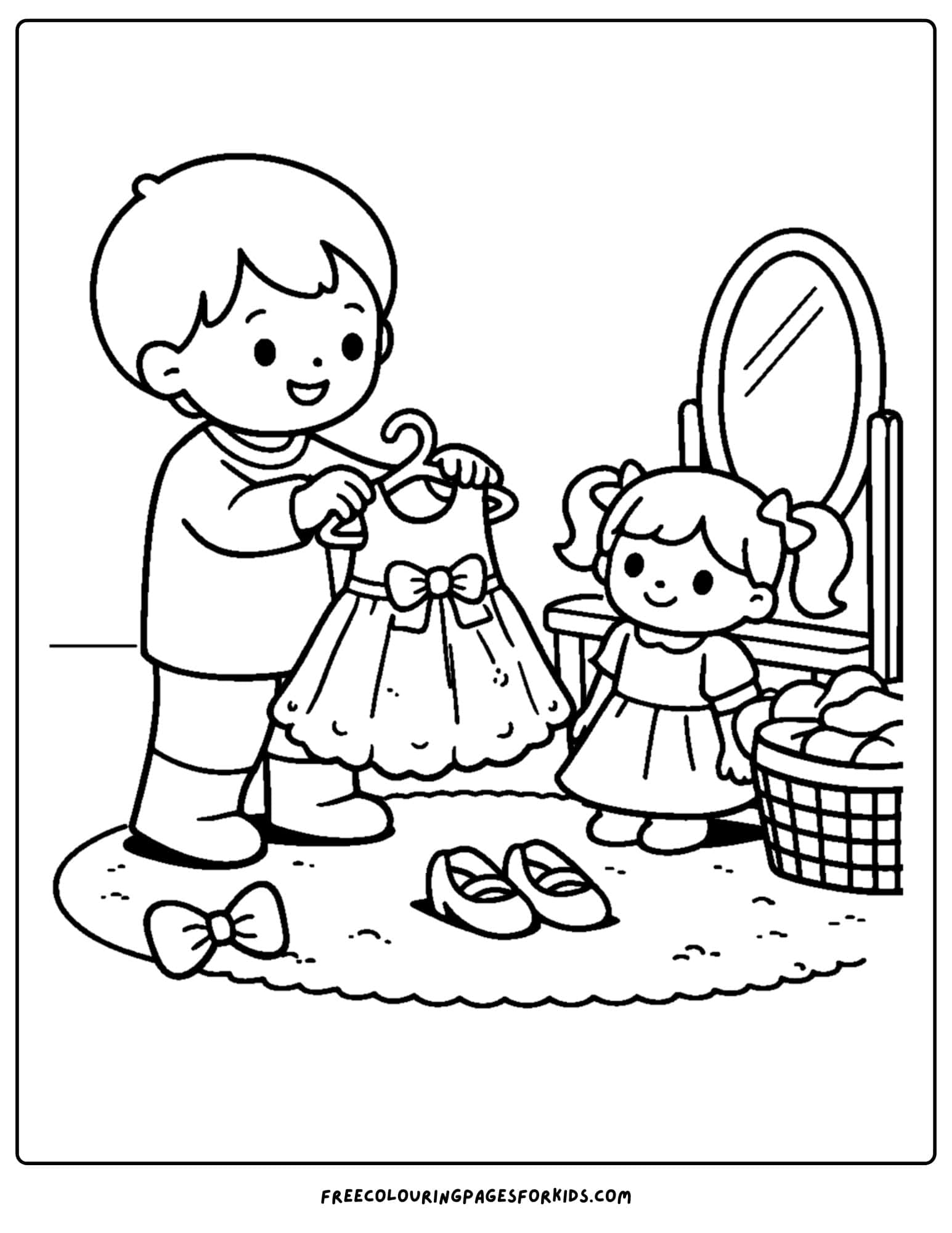 a doll coloring page showing a child playing dress up with their doll