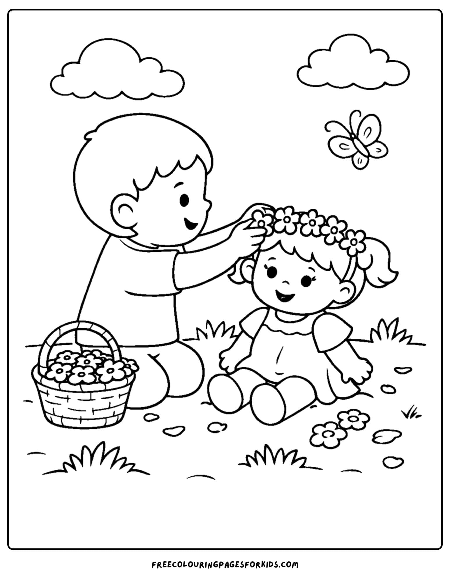a doll coloring page showing a child making a flower crown for their doll