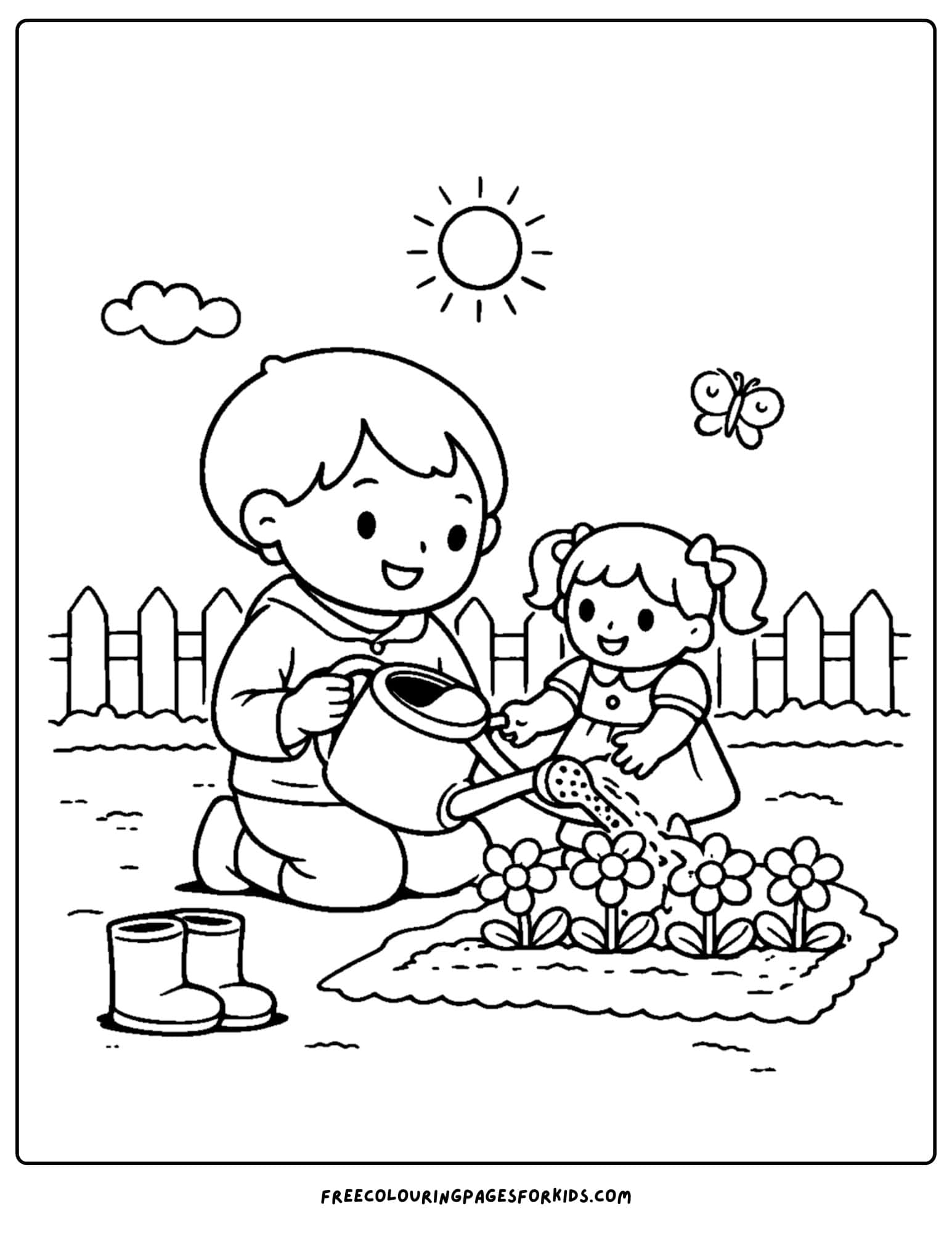 a doll coloring page showing a child and their doll helping in the garden
