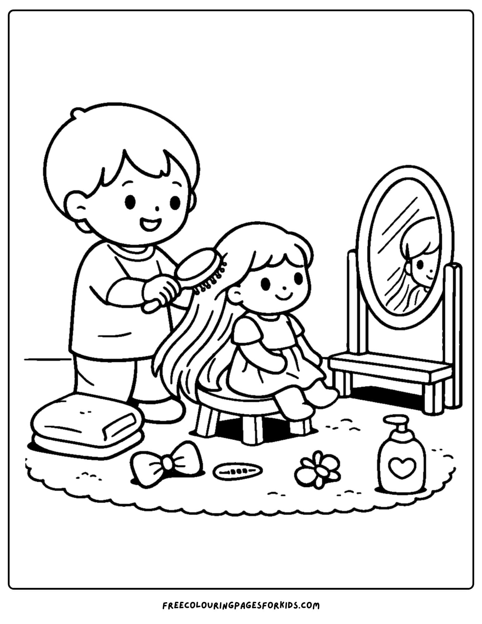 a doll coloring page showing a child brushing a dolls hair