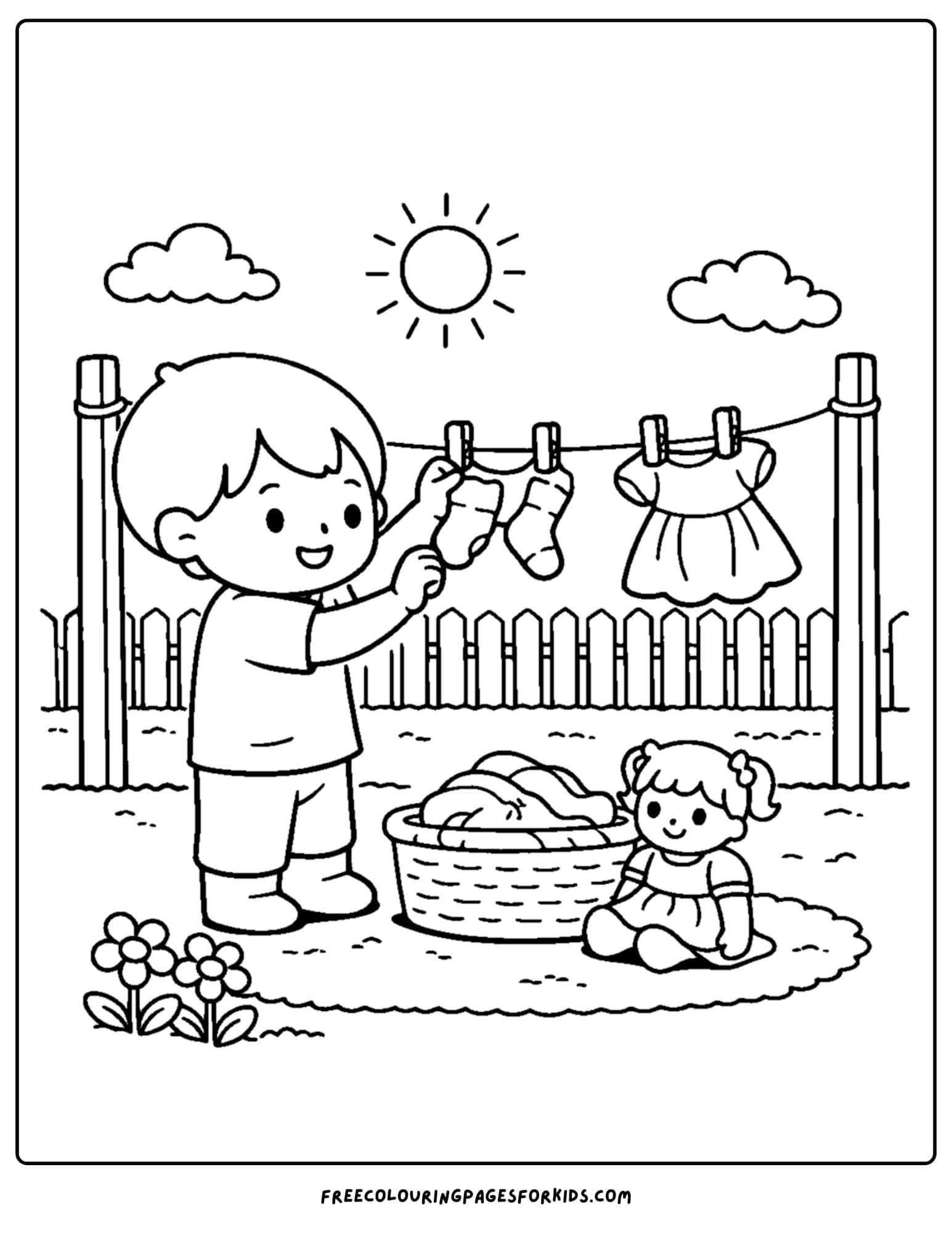 a doll coloring page showing a child hanging doll clothes on a washing line