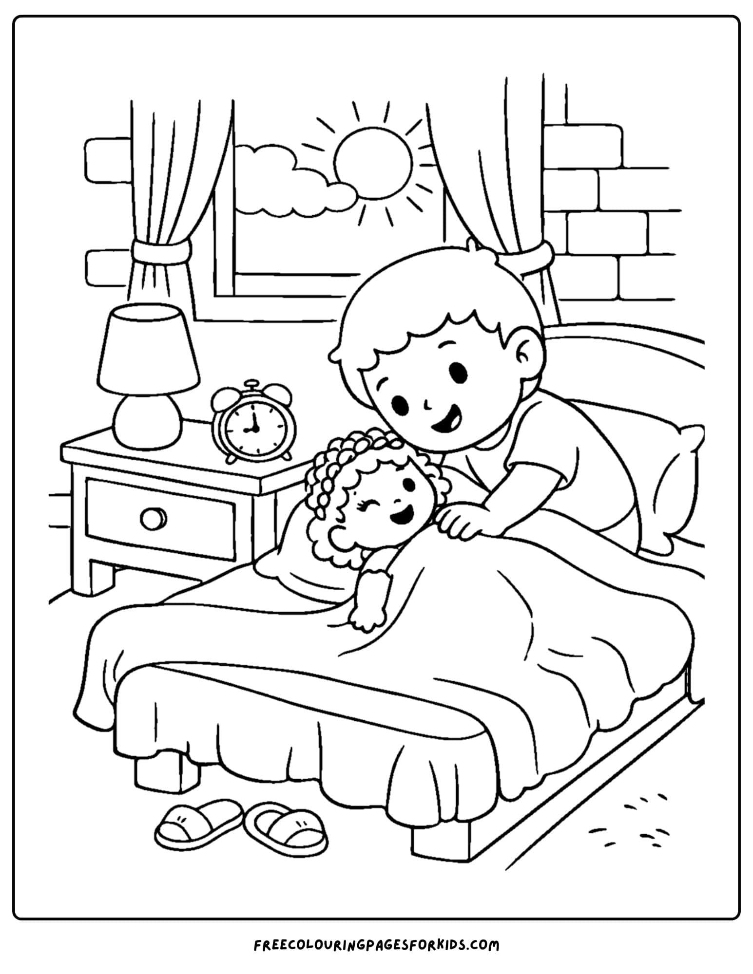 a doll coloring page showing a child waking up in the morning with their doll