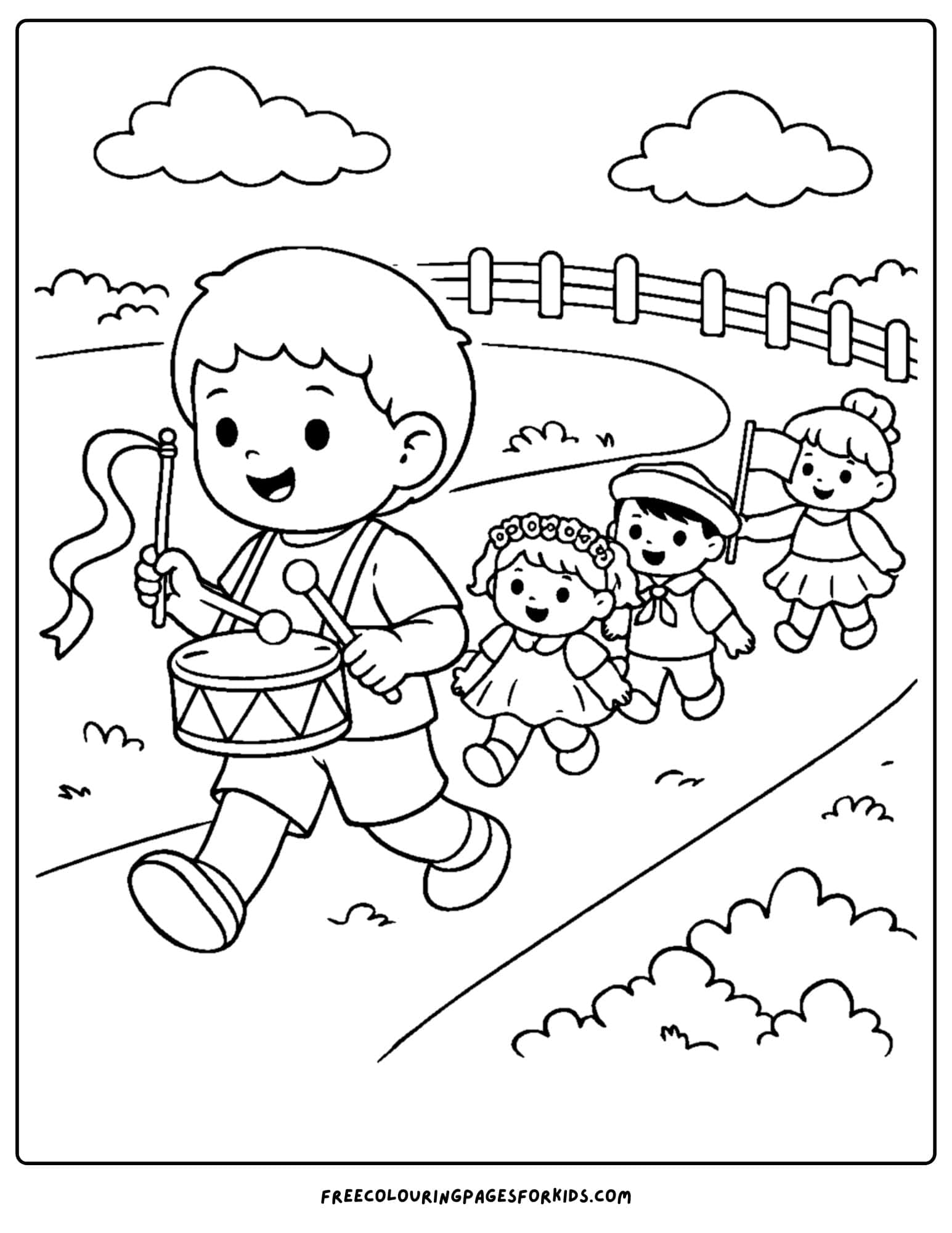a doll coloring page showing a child leading a parade of dolls