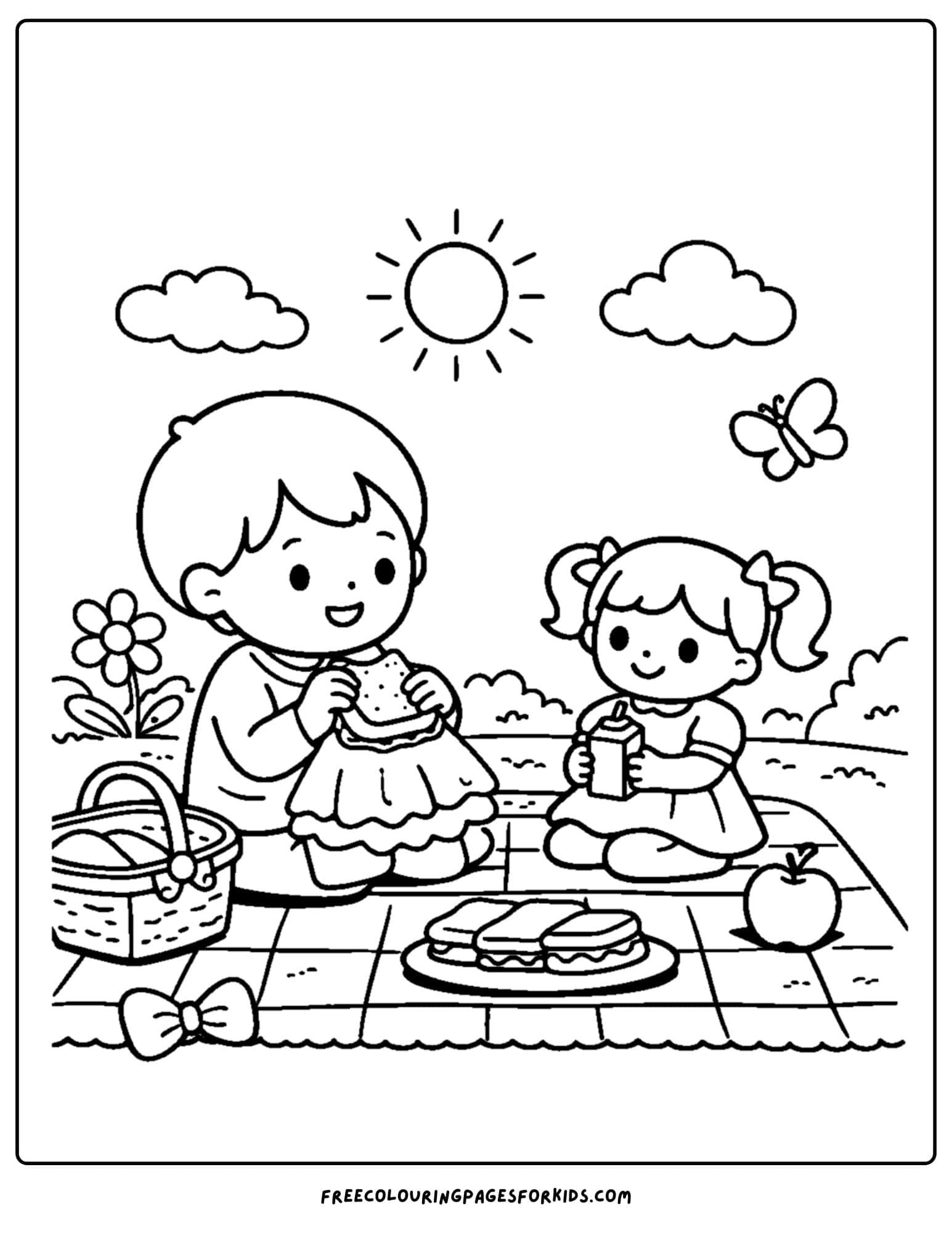 a doll coloring page showing a child having a picnic with a doll
