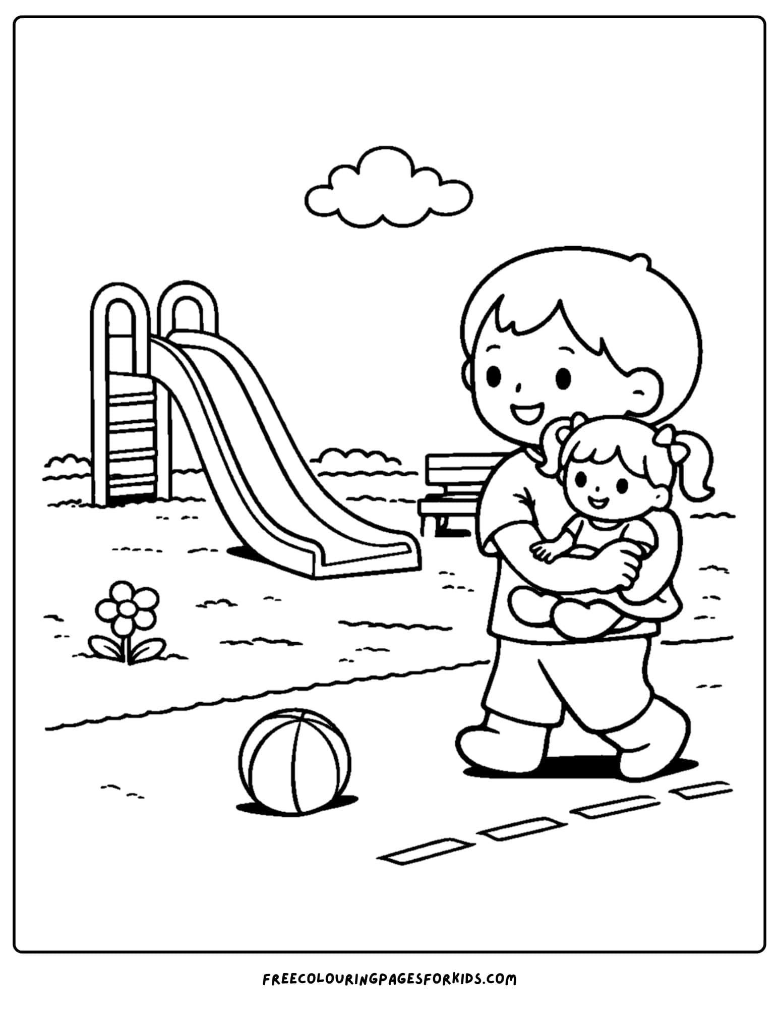 a doll coloring page showing a child going to a playground with their doll