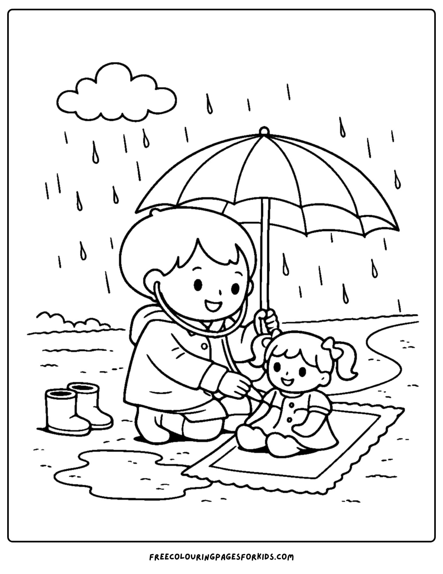a doll coloring page showing a child and a doll sitting under an umbrella in while it rains