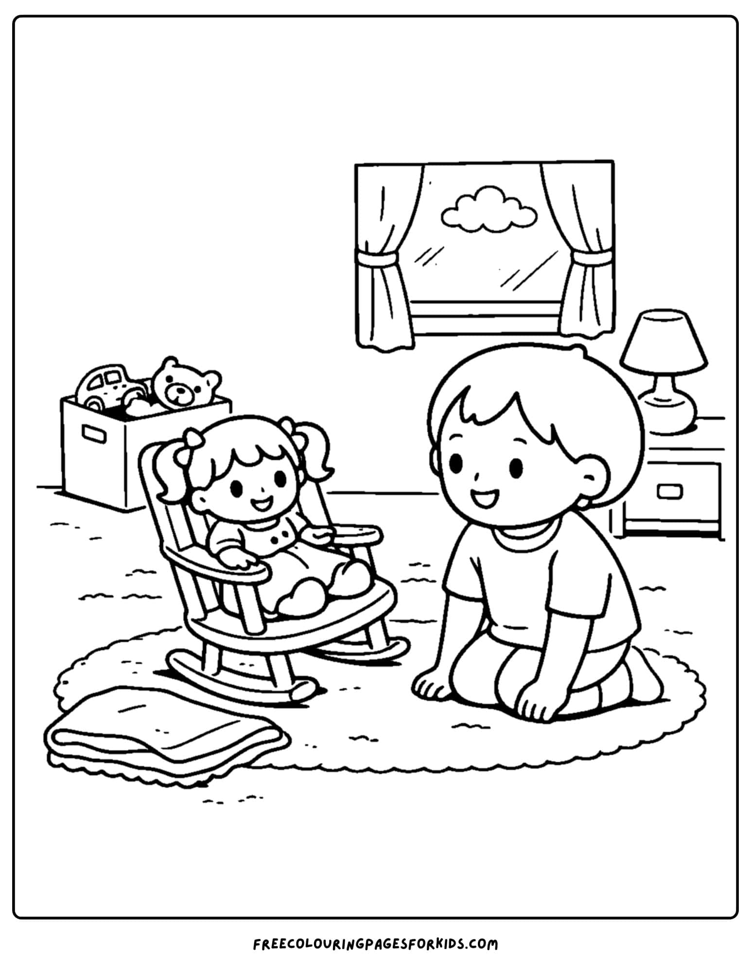 a doll coloring page showing a child putting their doll in a rocking chair
