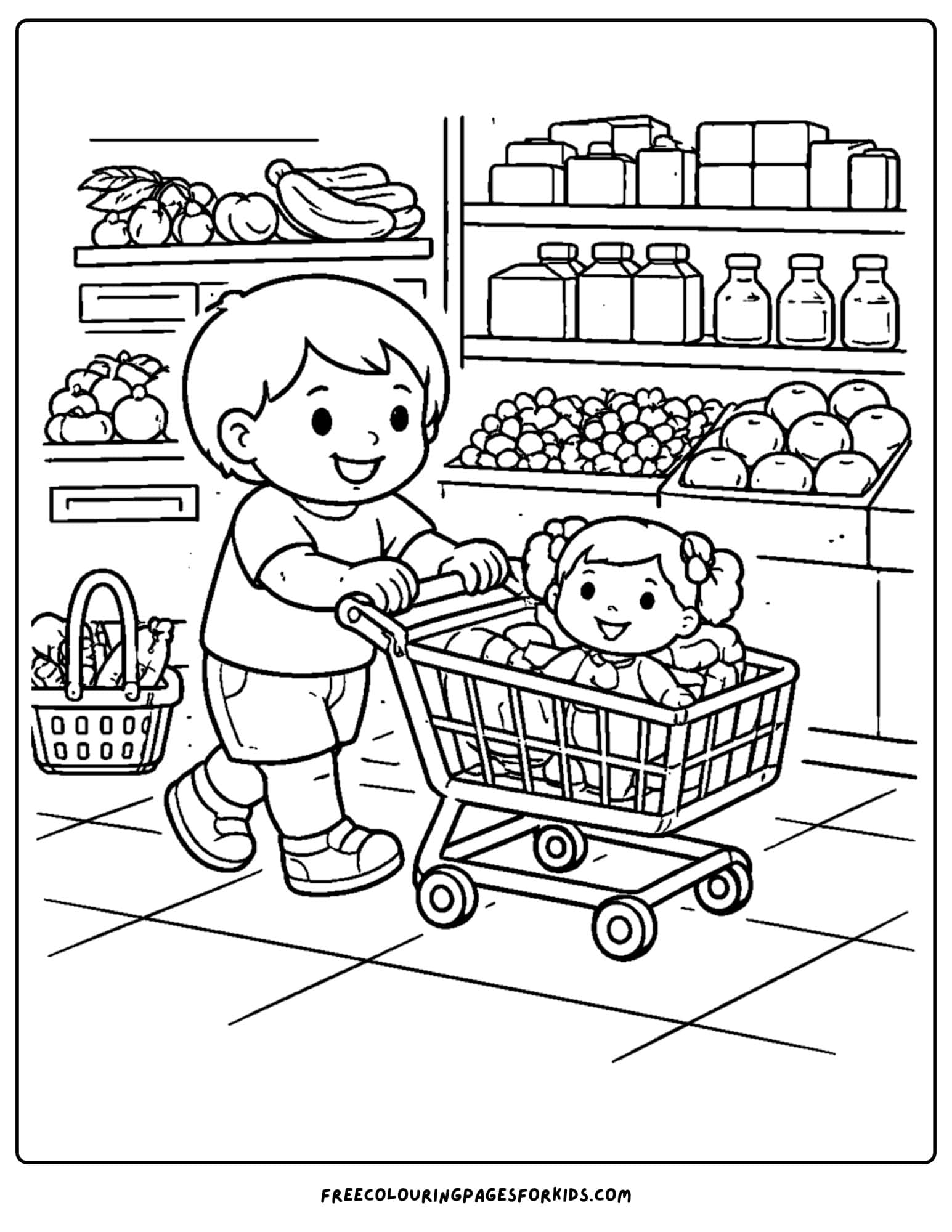 a doll coloring page showing a child pushing a doll in a shopping cart at the store