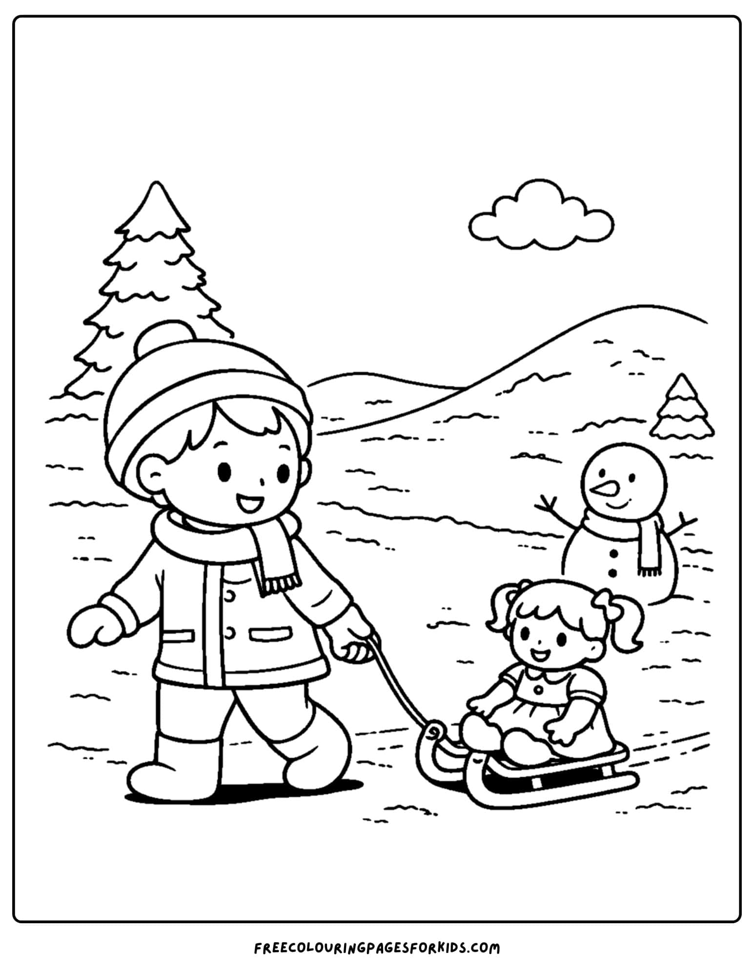 a doll coloring page showing a child pulling a doll in the snow on a sled