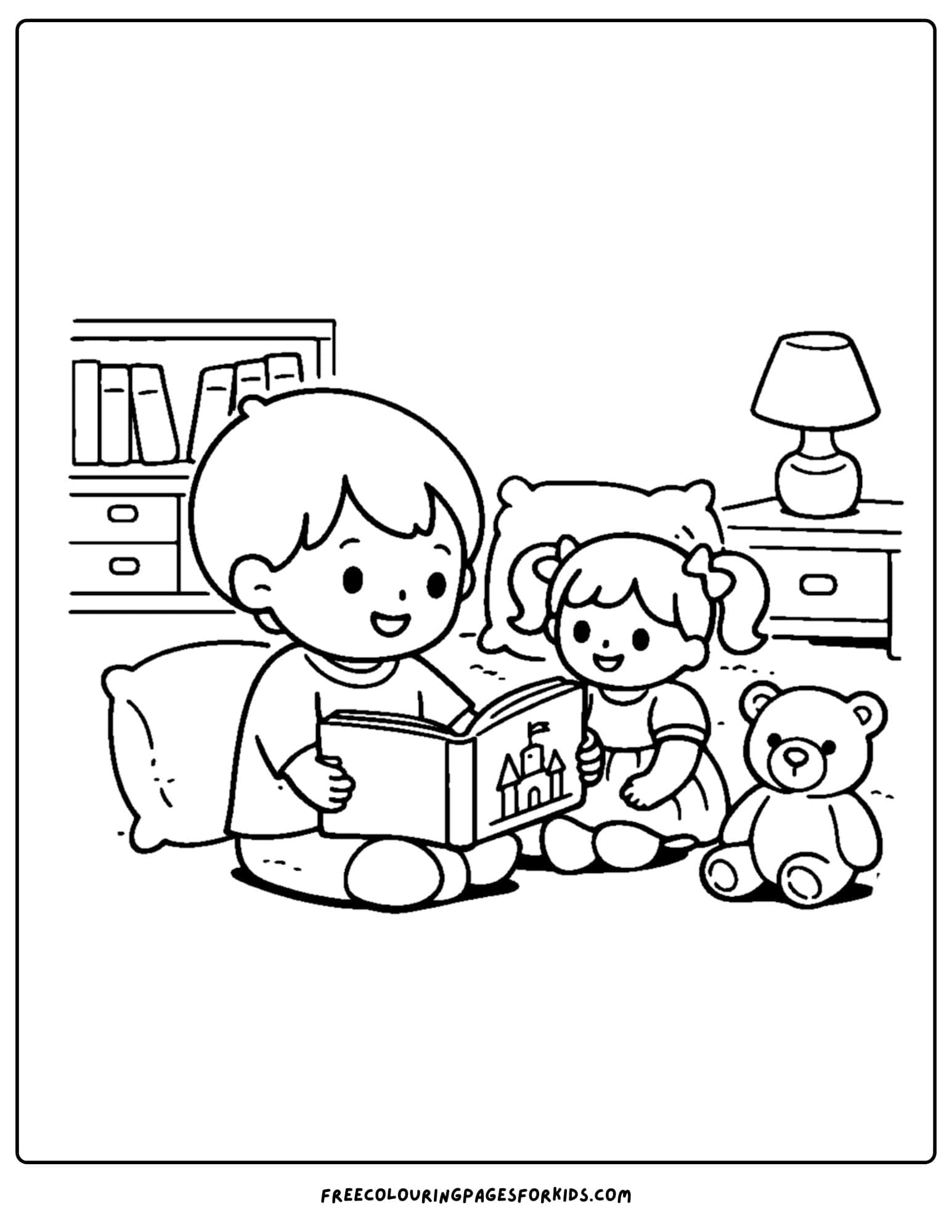 a doll coloring page showing a child reading a story to a doll