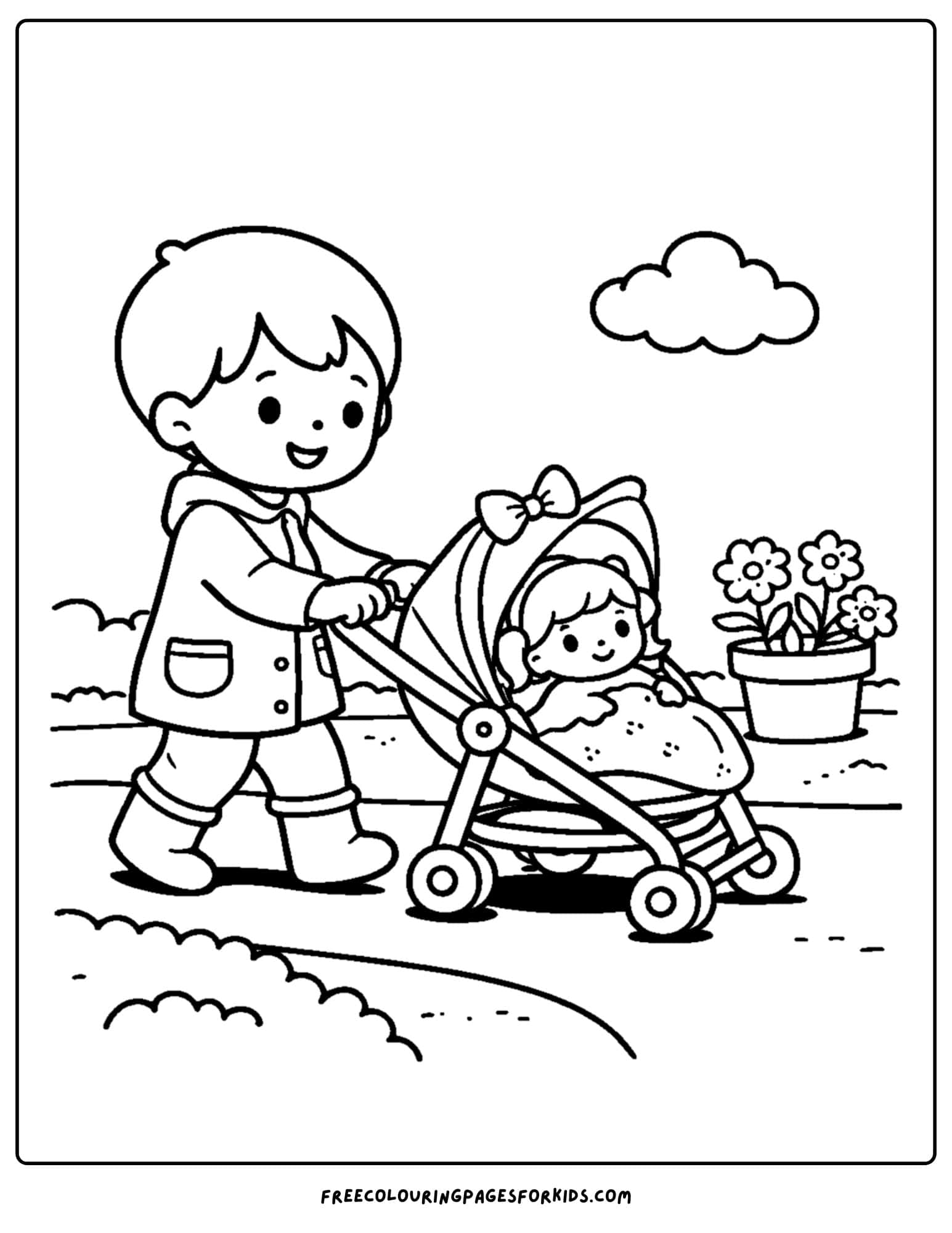 a doll coloring page showing a child pushing a doll in a stroller