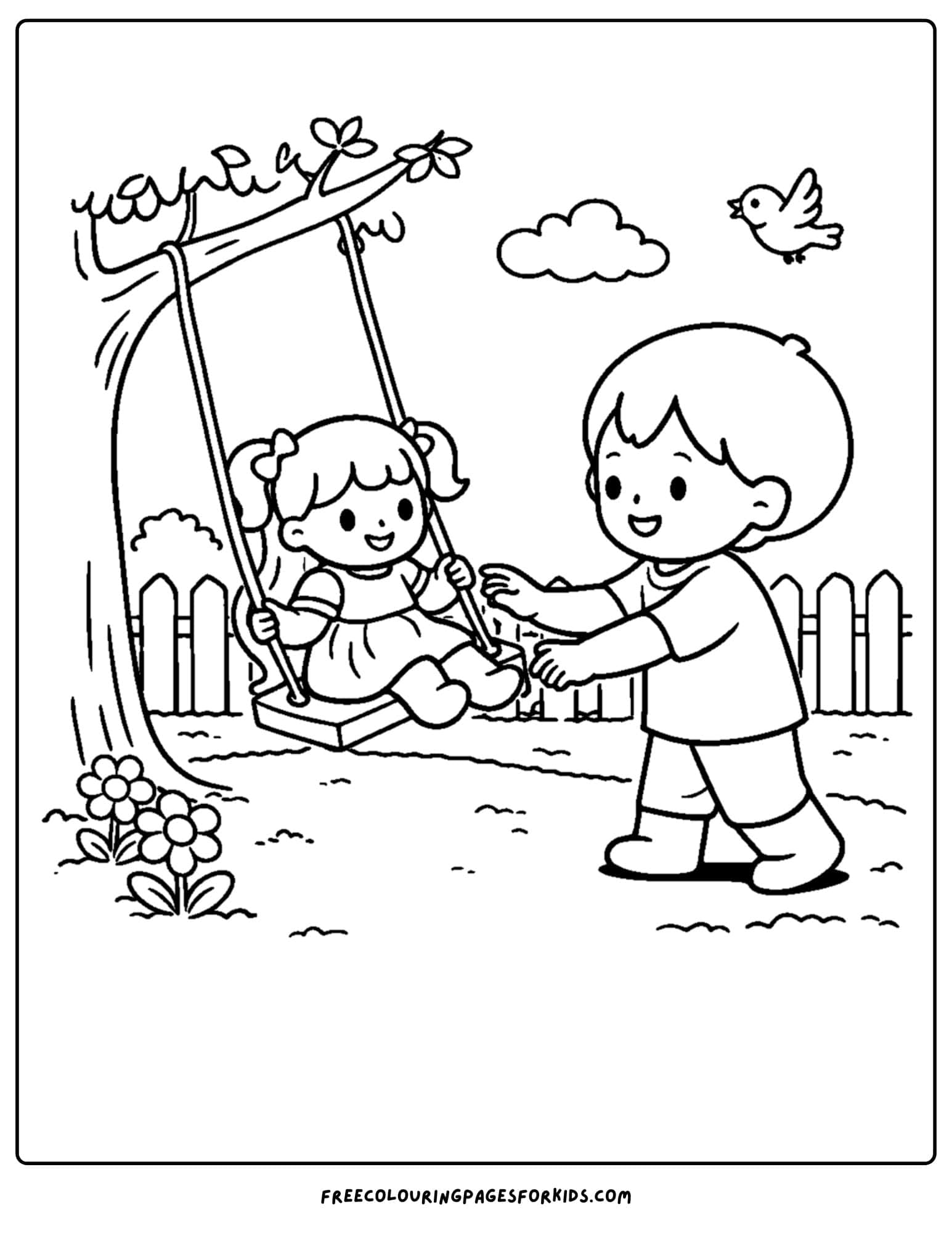 a doll coloring page showing a child pushing a doll on a tree swing