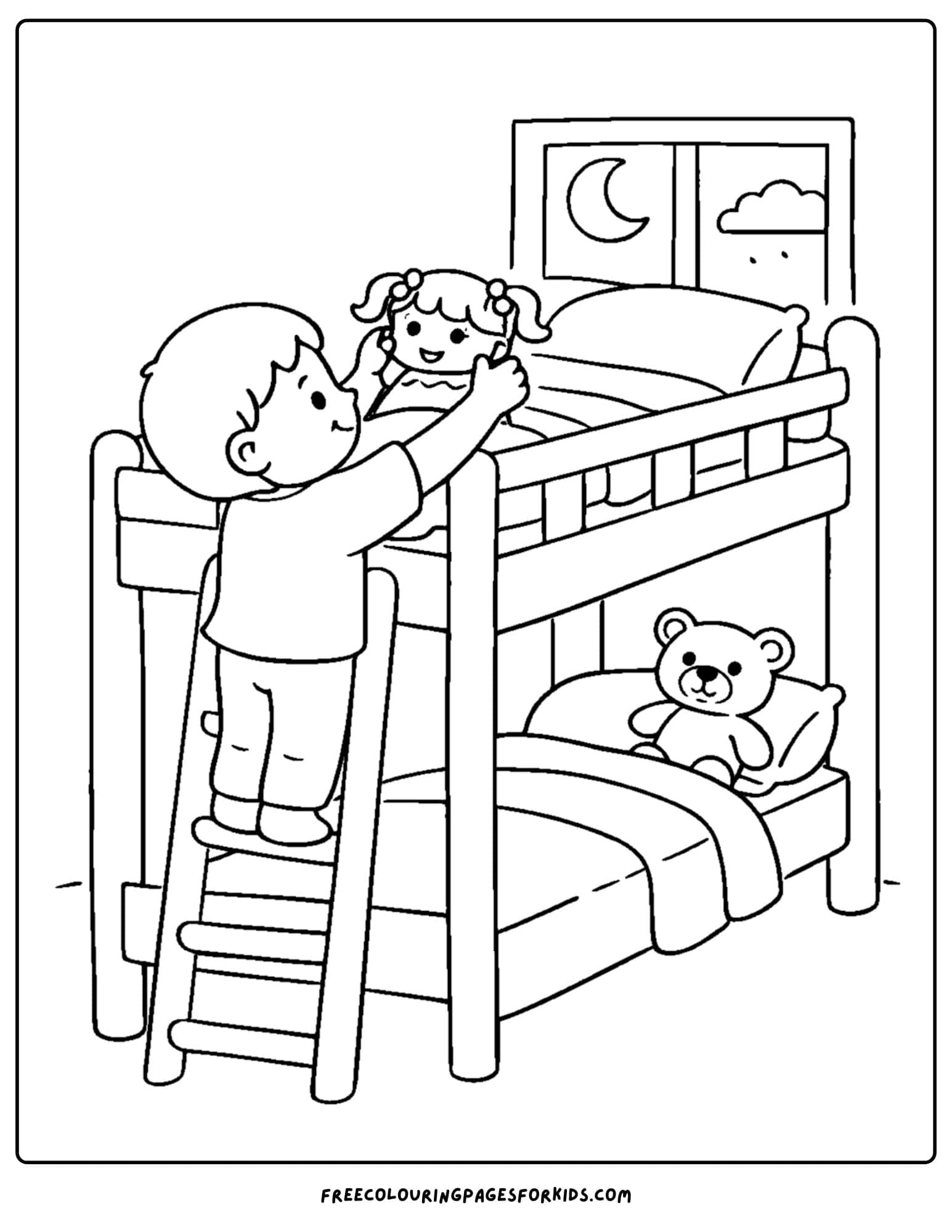 a doll coloring page showing a child putting their doll in a bunk bed