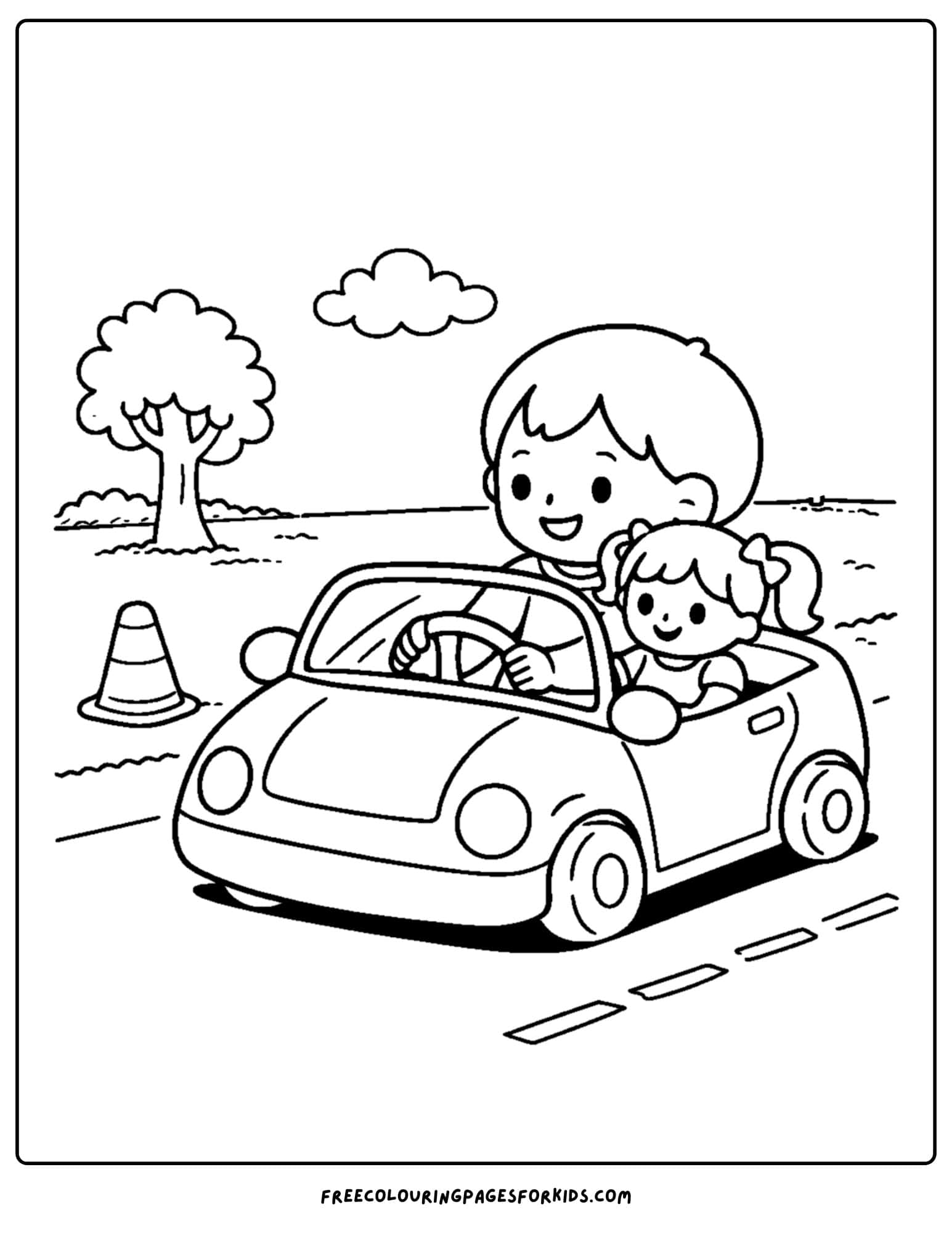 a doll coloring page showing a child taking a doll for a ride in a toy car