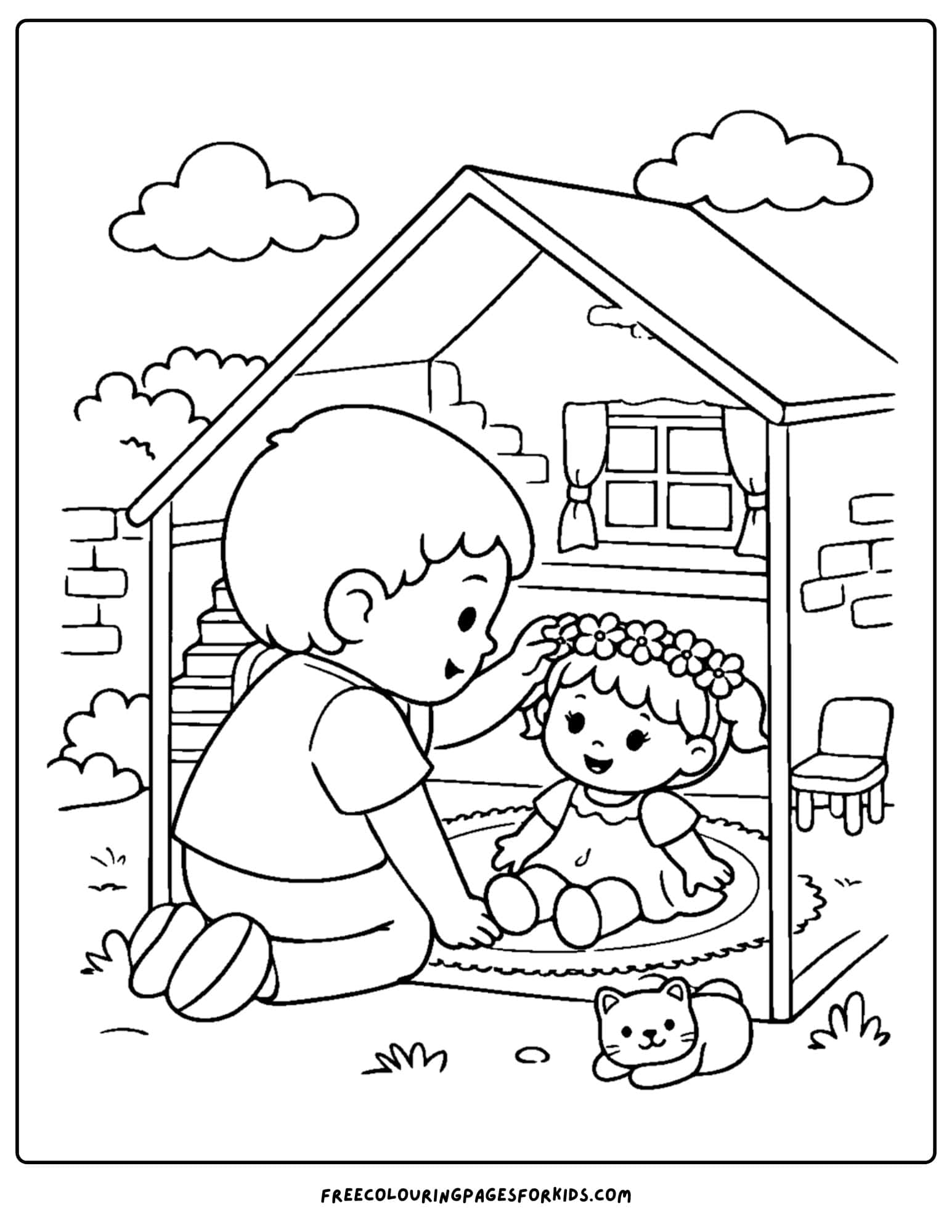 a doll coloring page showing a child playing with a doll in a play house