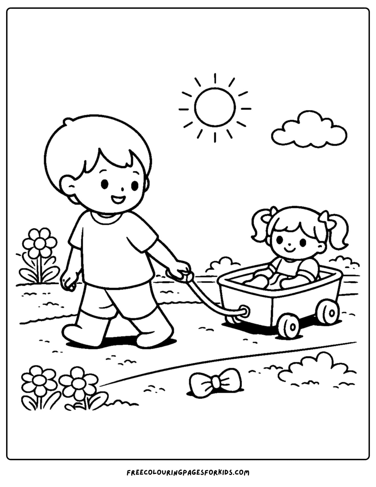 a doll coloring page showing a child pulling a doll in a wagon