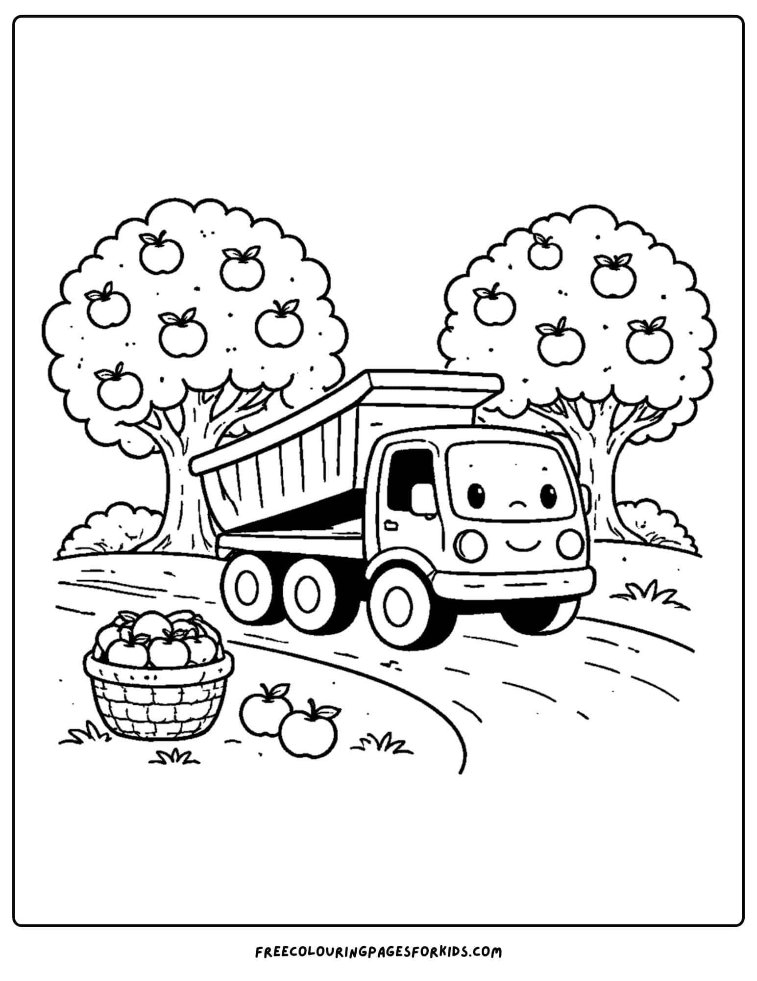 a coloring page of a dump truck on an apple orchard