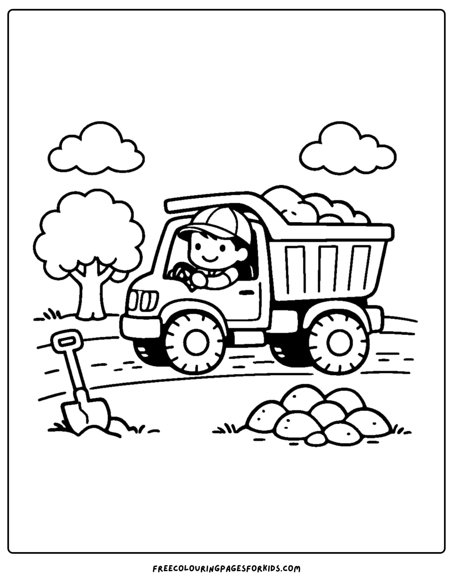 a coloring page of a dump truck with a driver going down a road