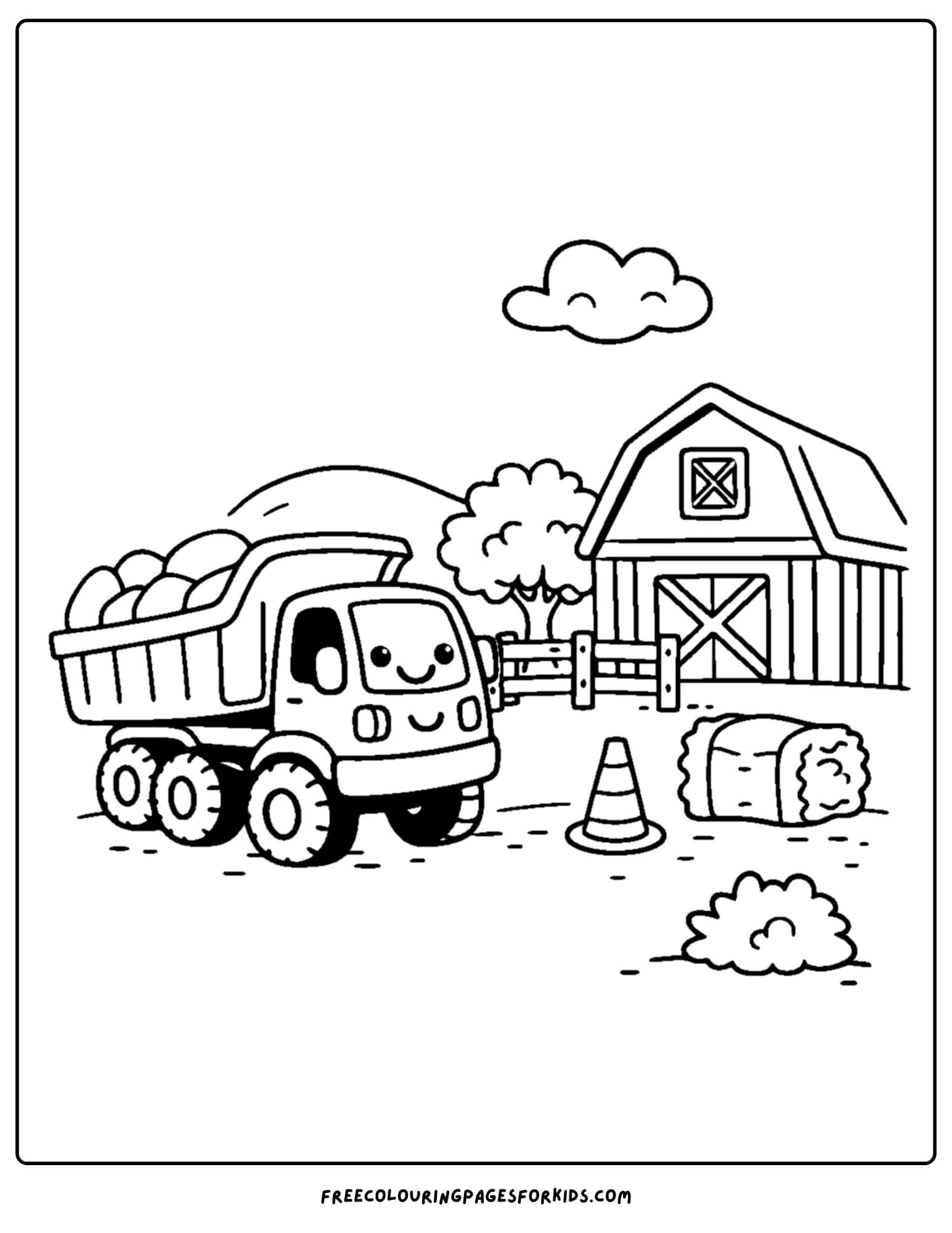 a coloring page of a dump truck parked beside a barn
