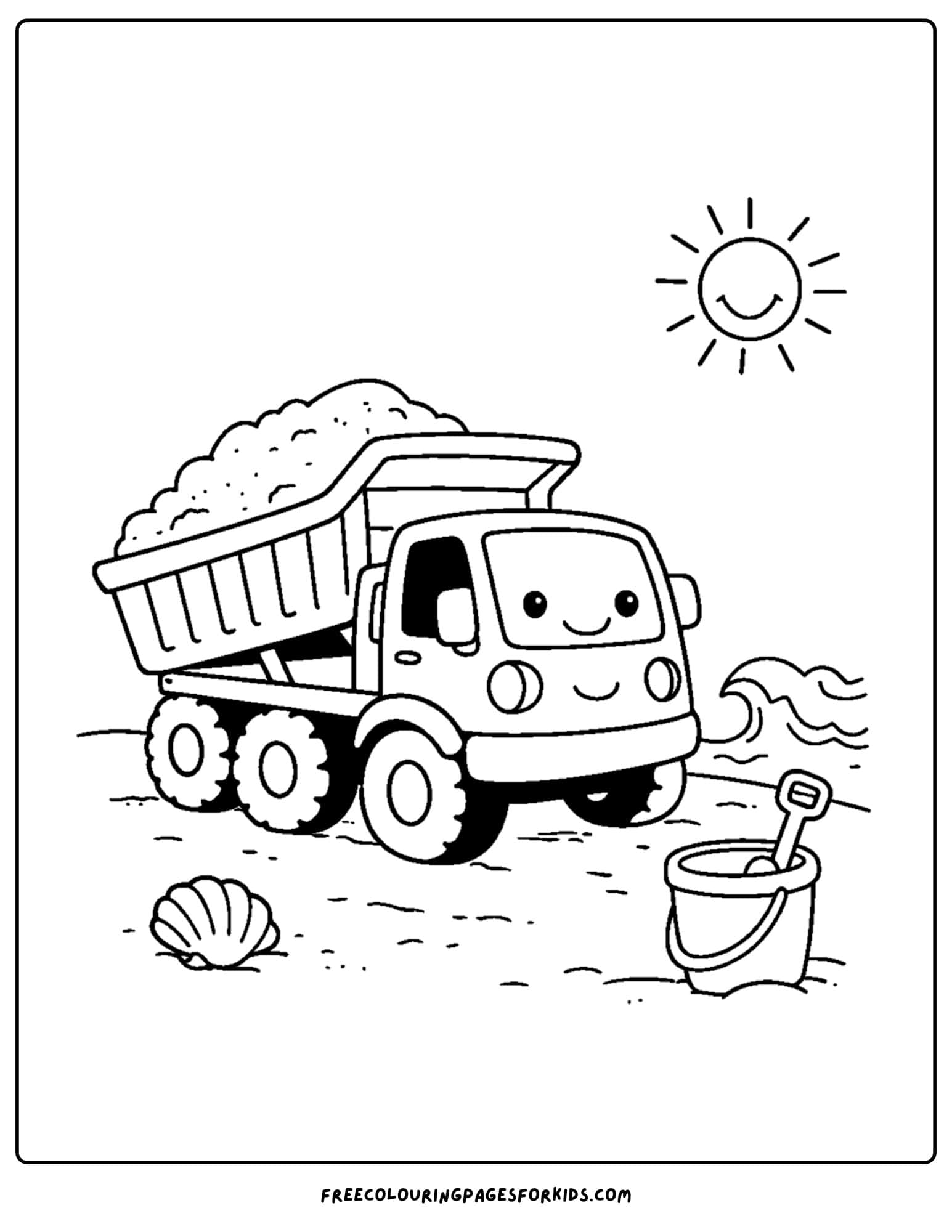 a coloring page of a dump truck parked at the beach
