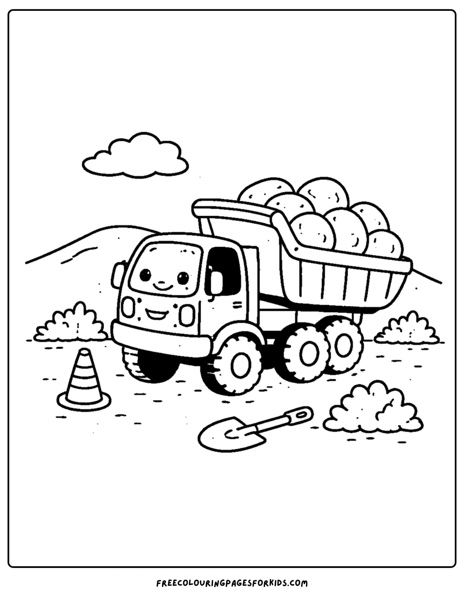 a coloring page of a dump truck with a big load of rocks