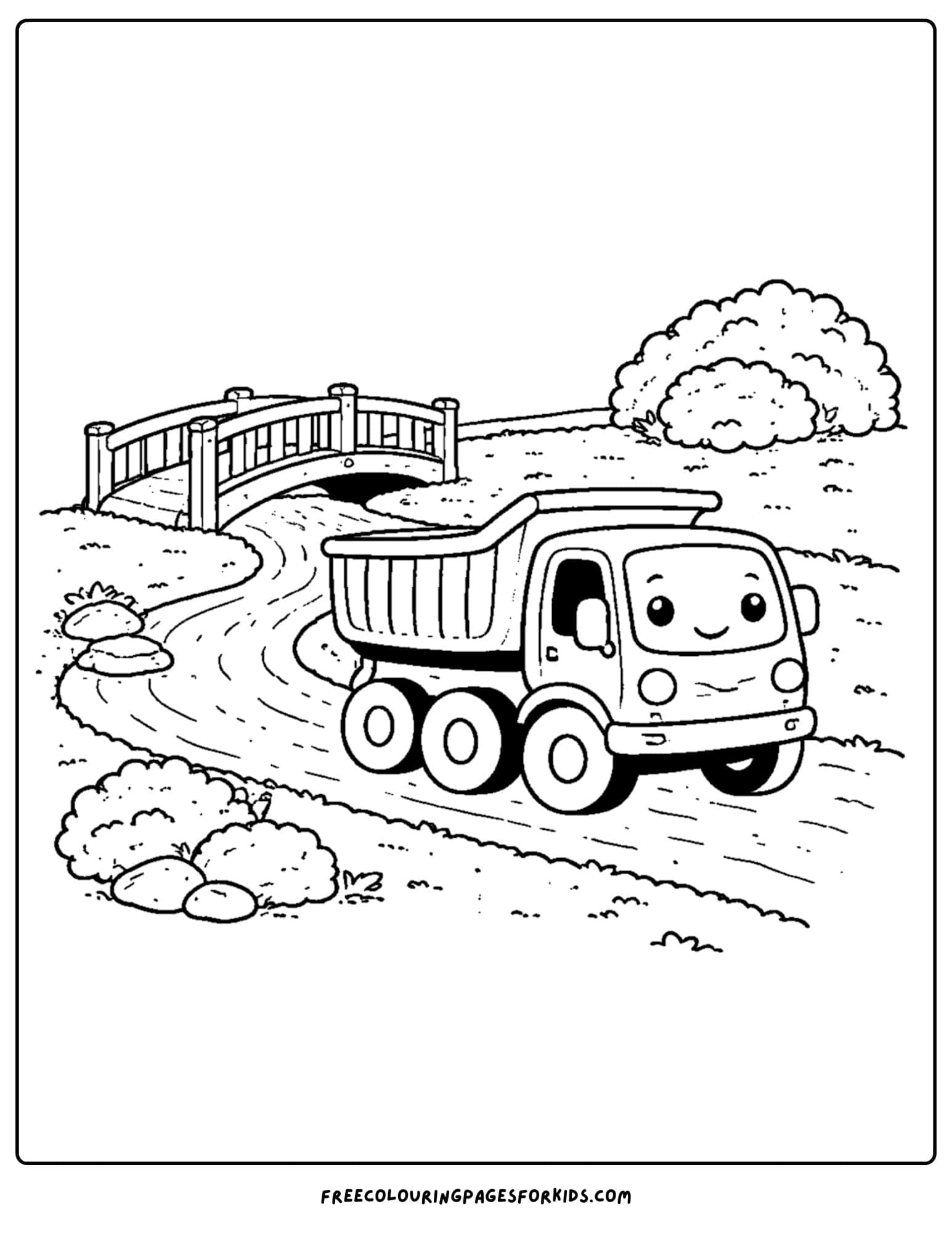a coloring page of a dump truck driving near a bridge