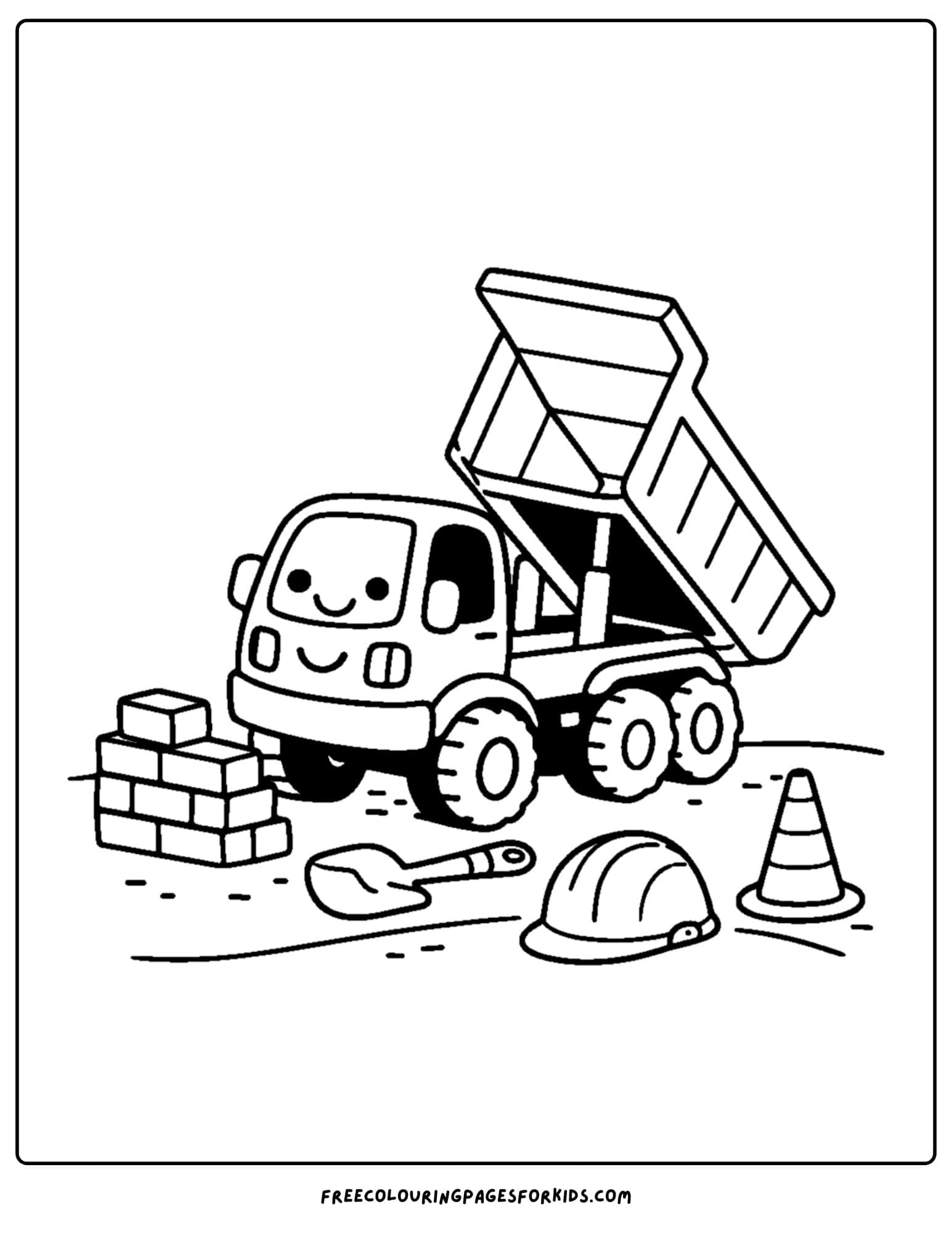 a coloring page of a dump truck on a building site