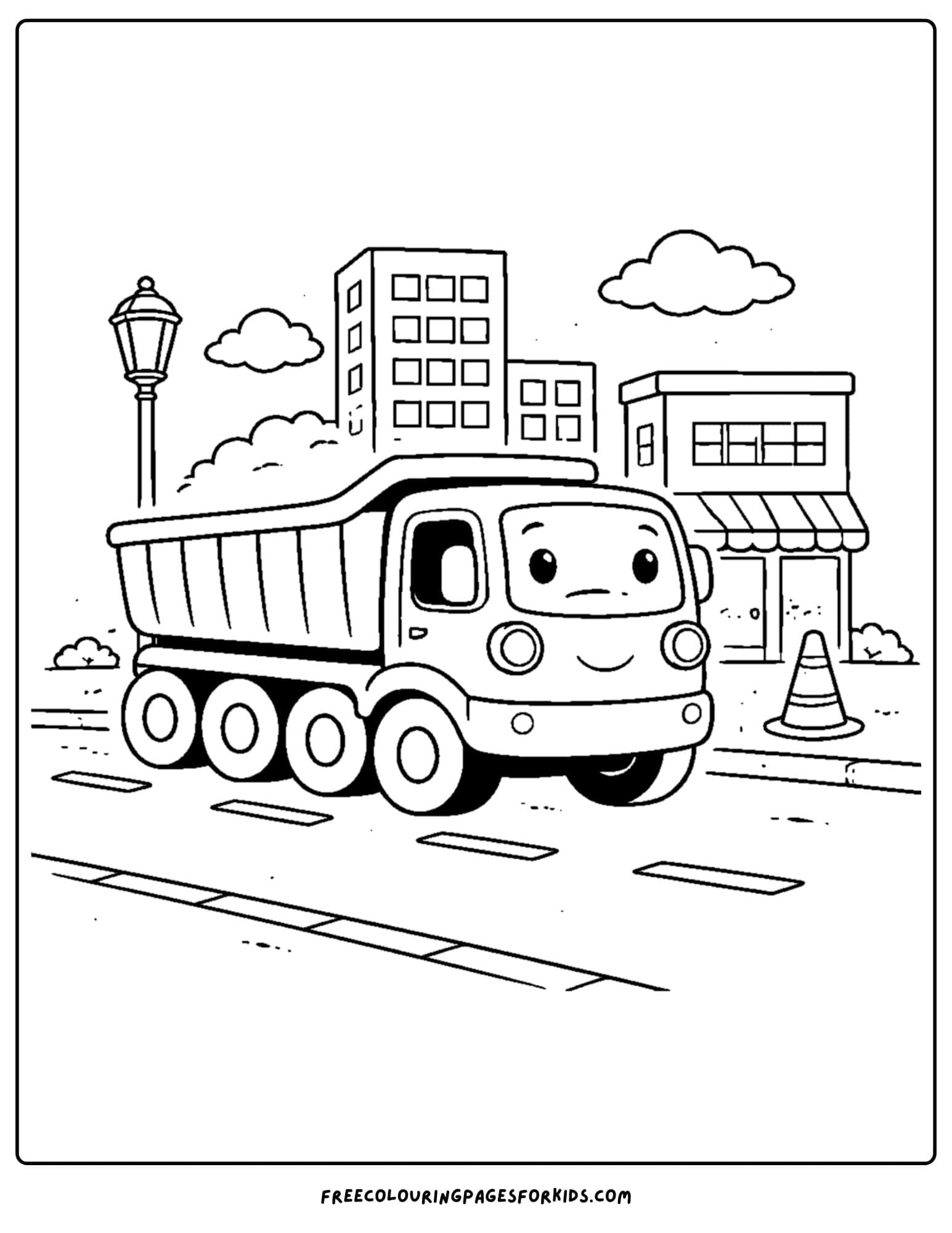 a coloring page of a dump truck driving in a city