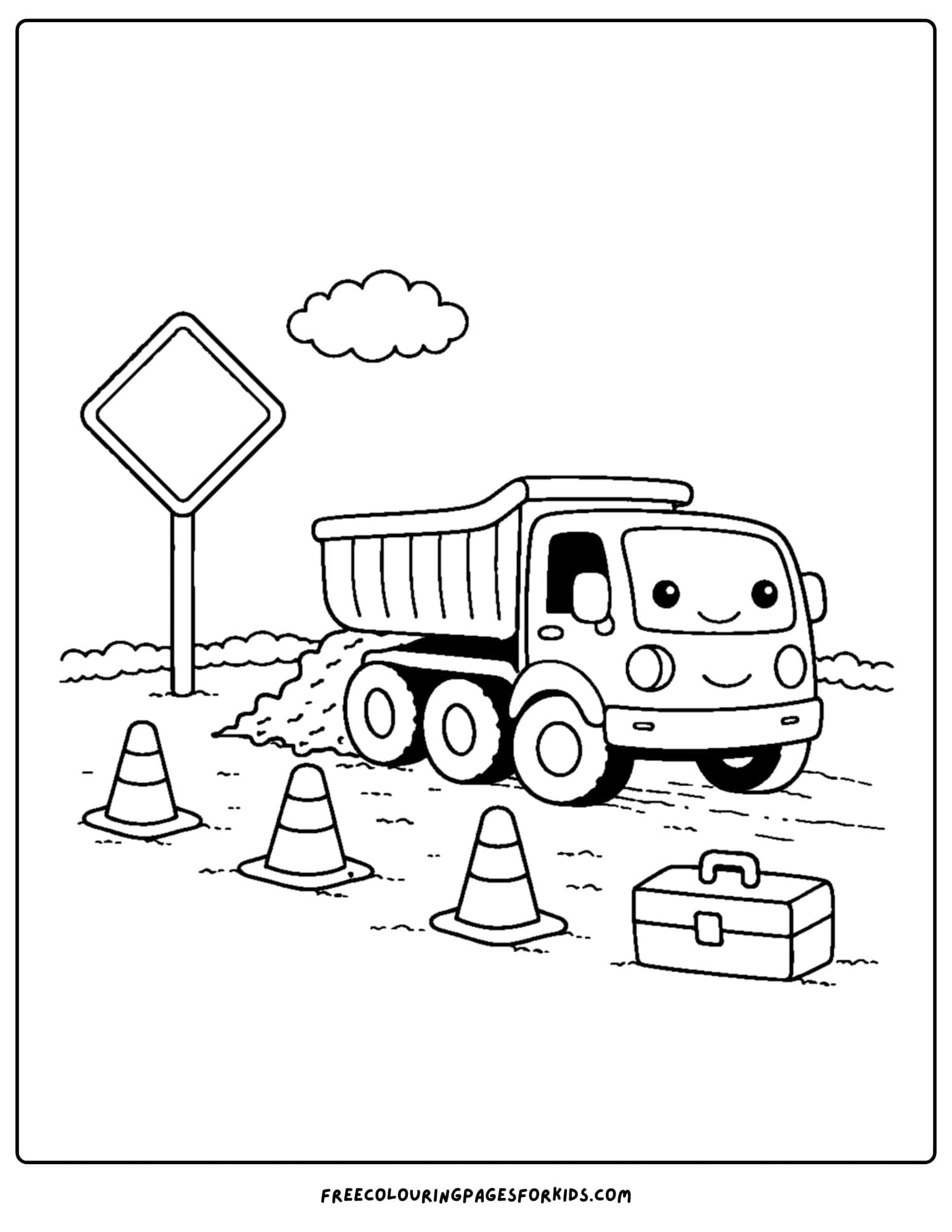 a coloring page of a dump truck parked near traffic cones